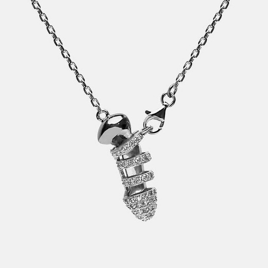 An elegant chastity necklace made with 925 Sterling silver in Rhodium and Gold vermeil, featuring a charm pendant with a logo plaque, and an adjustable lobster-clasp.