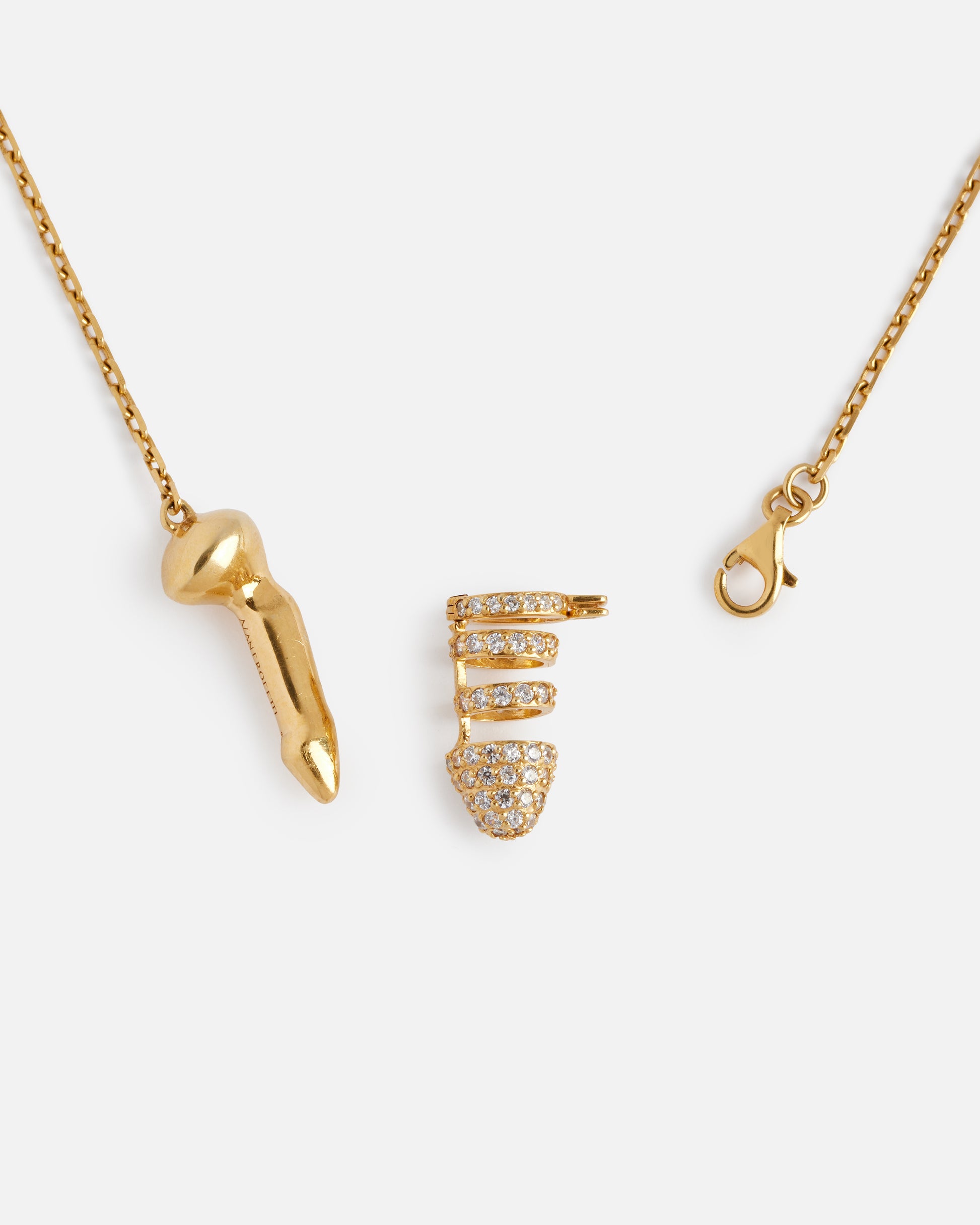 Gold encrusted chastity necklace with a pendant on a white background - deconstructed