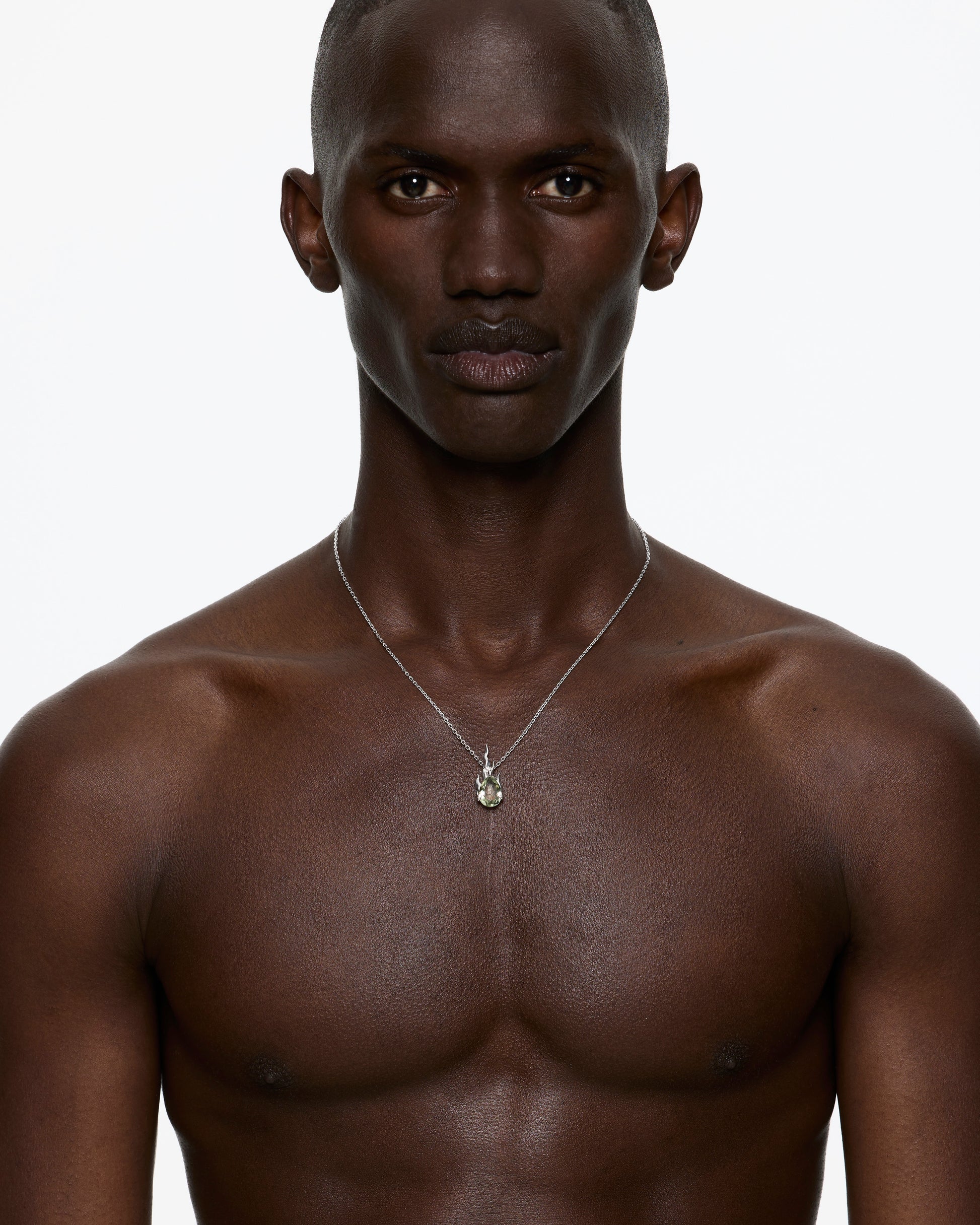 Model wearing Alan Crocetti Green Amethyst Gem In Heat Necklace in Rhodium Vermeil front view