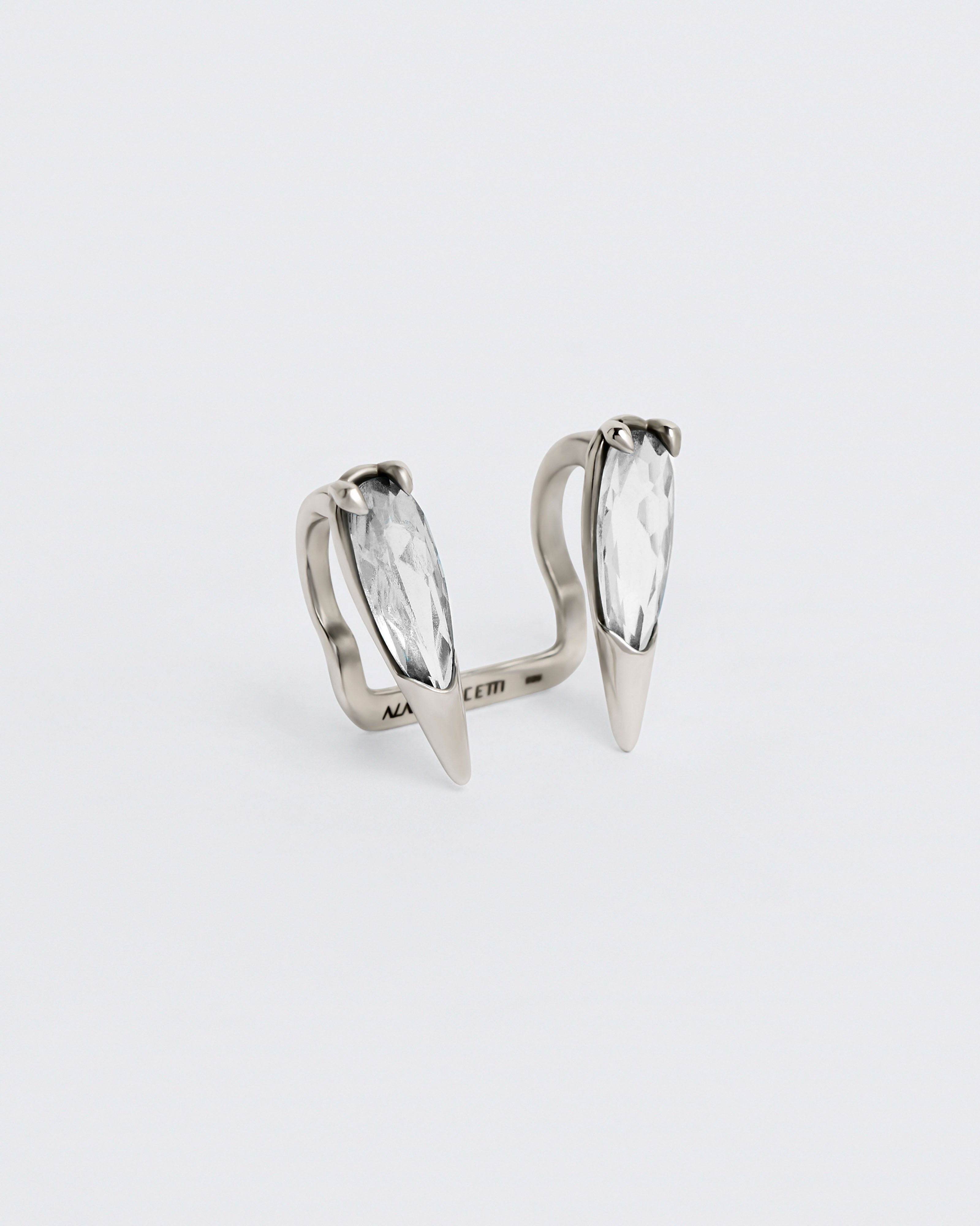 Sharp Viper Ear Mouth Cuff Clear Rhodium Vermeil