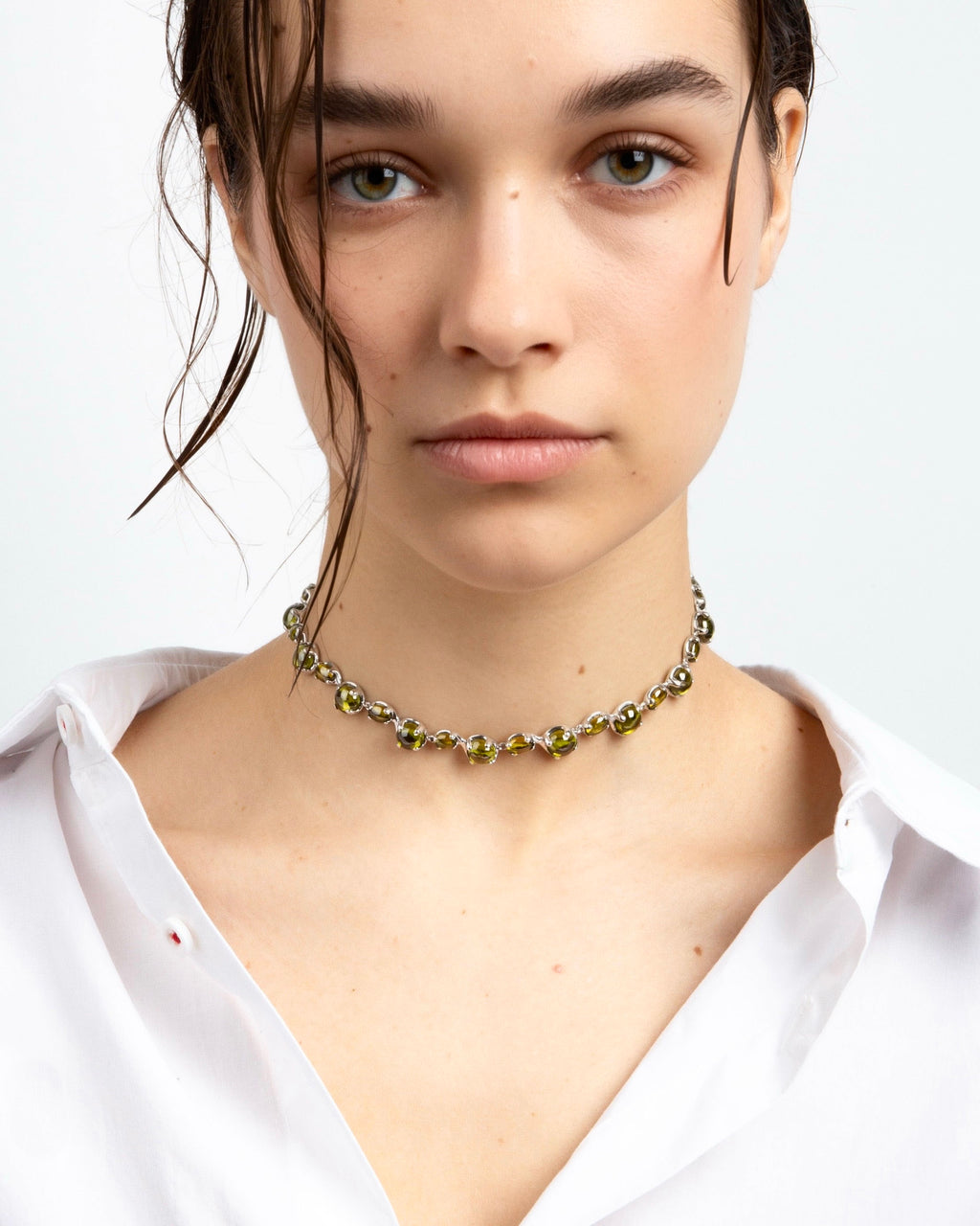 Dew Choker Olive Green - Rhodium Vermeil
