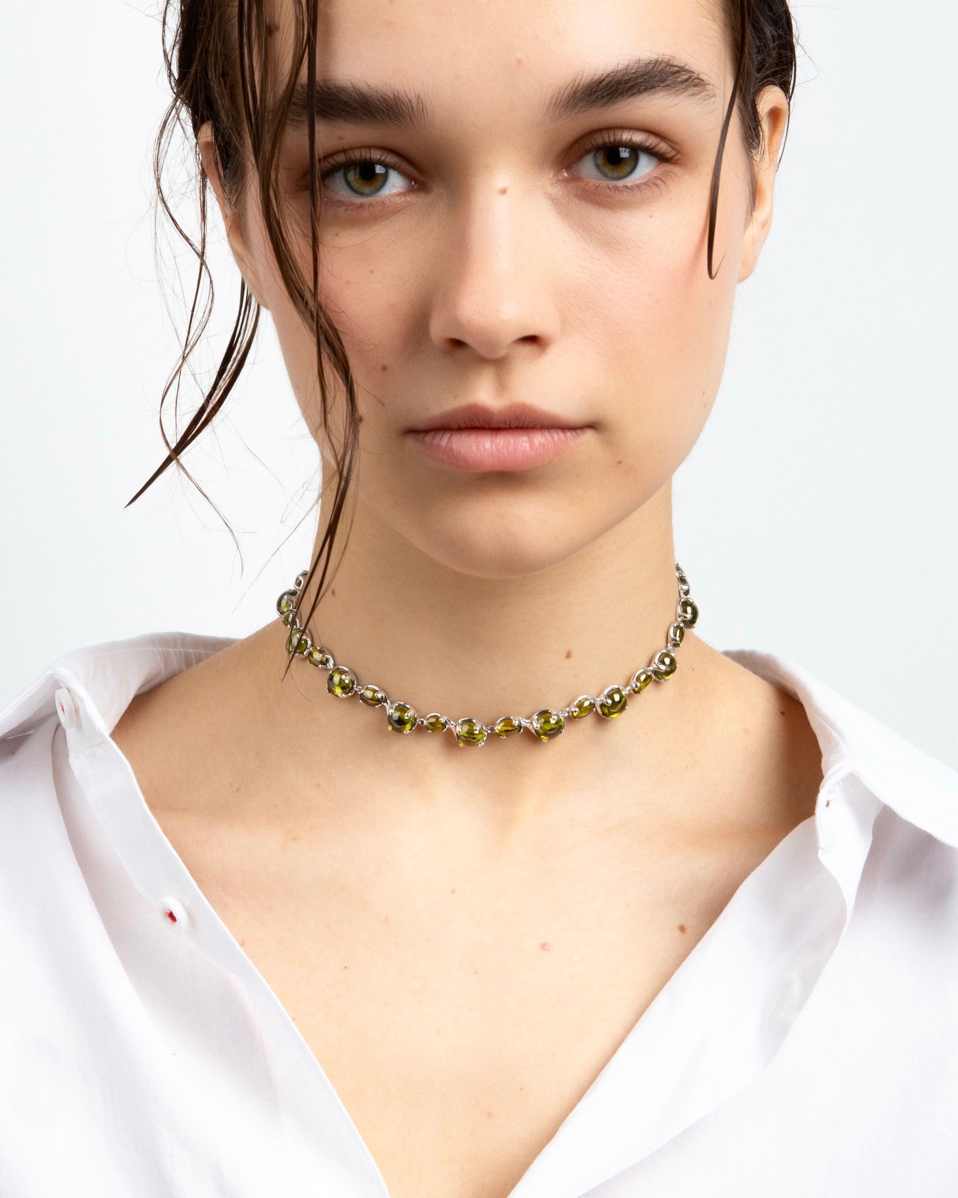 Dew Choker Olive Green - Rhodium Vermeil