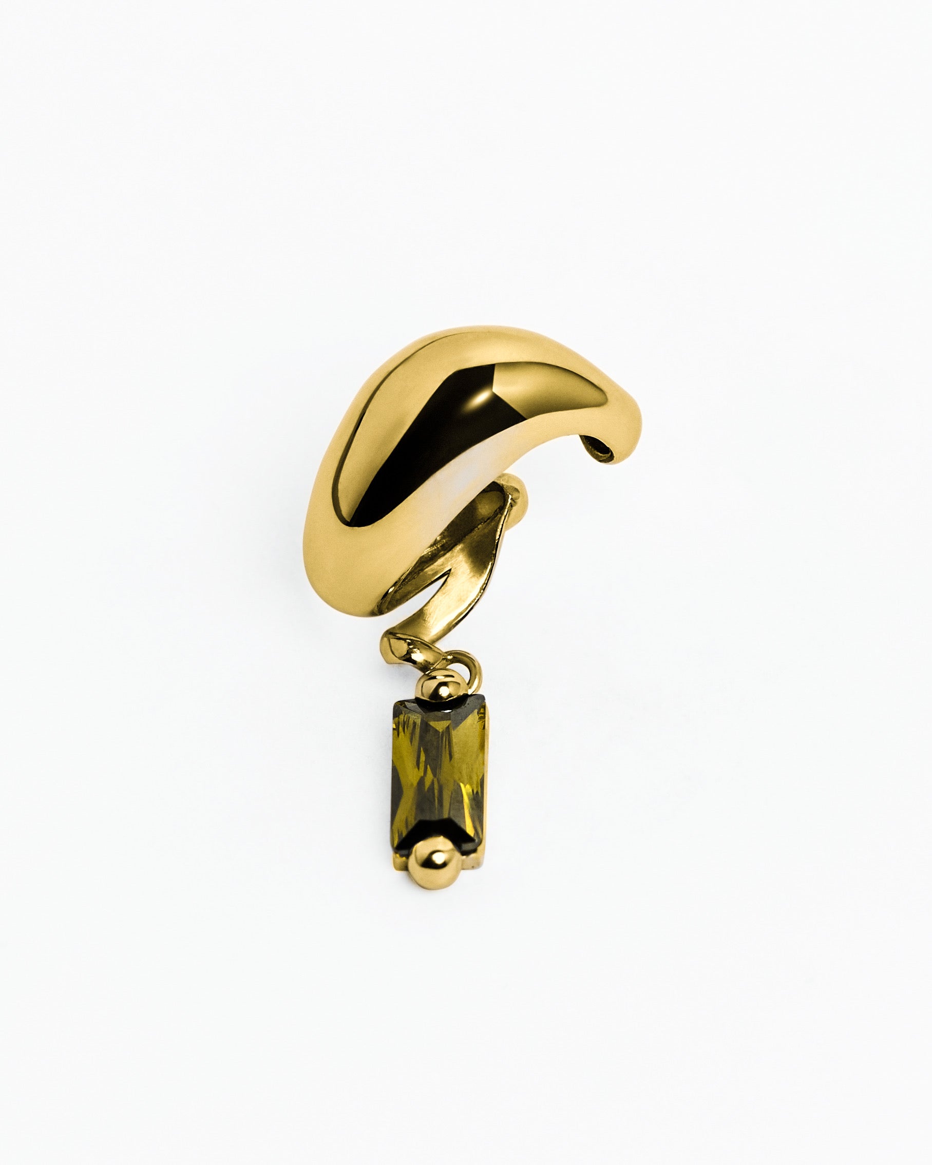 Blown Charm Green Ear Cuff in Gold Vermeil featuring a polished sculptural ear cuff with a suspended green baguette cubic zirconia charm.
