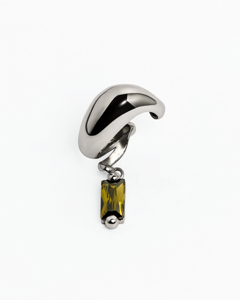 Alan Crocetti Blown Charm Green Ear Cuff in Rhodium Vermeil featuring a polished sculptural ear cuff with a suspended green baguette cubic zirconia charm.