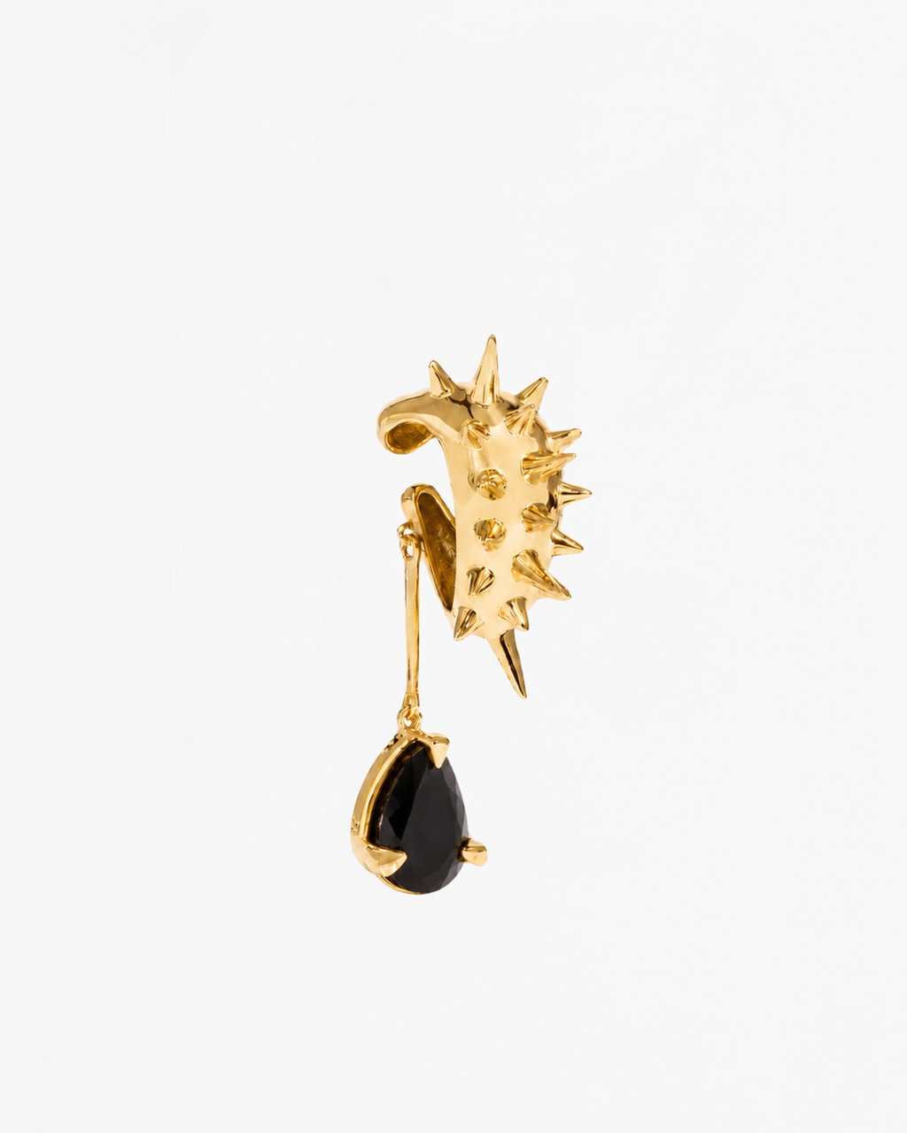 Blown Drop Spike Black Onyx Ear Cuff in Gold Vermeil handcrafted from 925 sterling silver with sculptural spikes and a black faceted onyx drop.