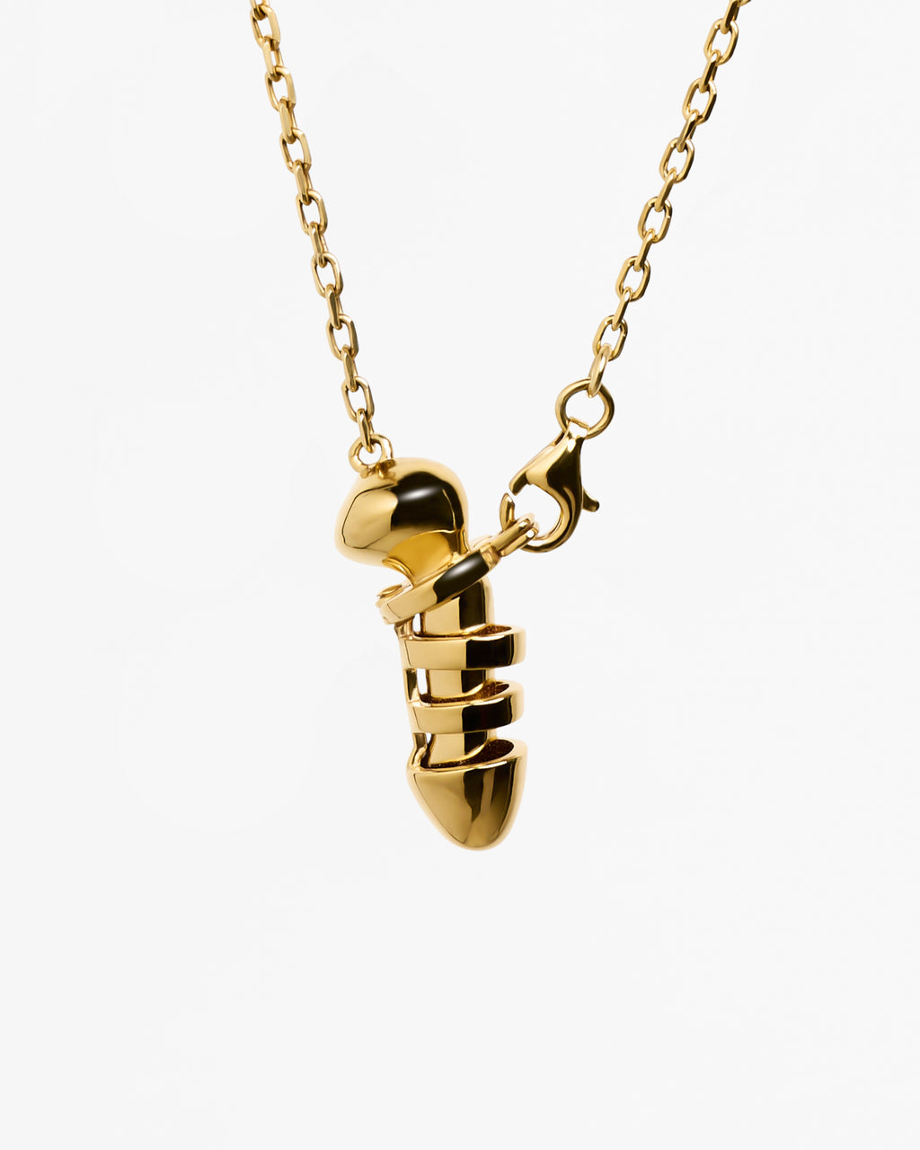 Gold vermeil Chastity necklace with sculptural pendant and front lobster clasp fastening against white background.