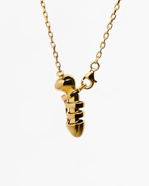 Gold vermeil Chastity necklace with sculptural pendant and front lobster clasp fastening against white background.