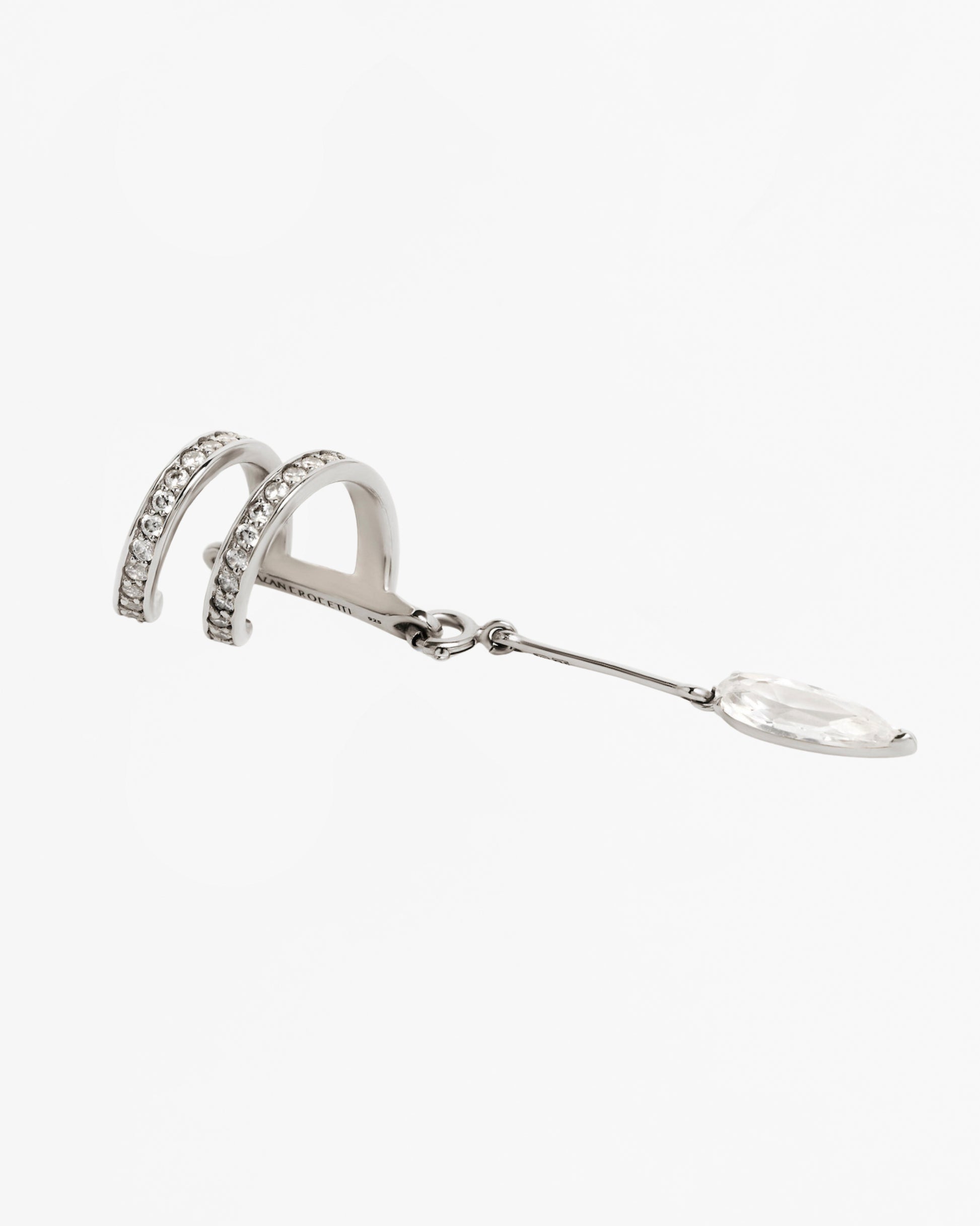 Clear Encrusted Spiral Drop Ear Cuff in rhodium vermeil with pavé cubic zirconia detailing and detachable marquise-cut crystal drop