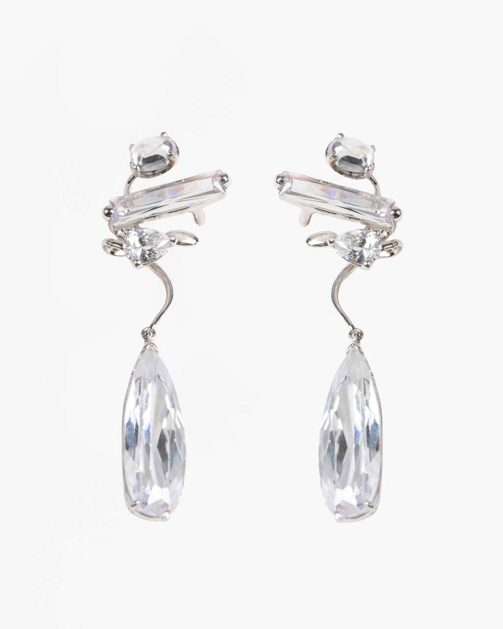 Pair Clear Mixed Hybrid Drop Ear Cuff in Rhodium vermeil with mixed clear crystals