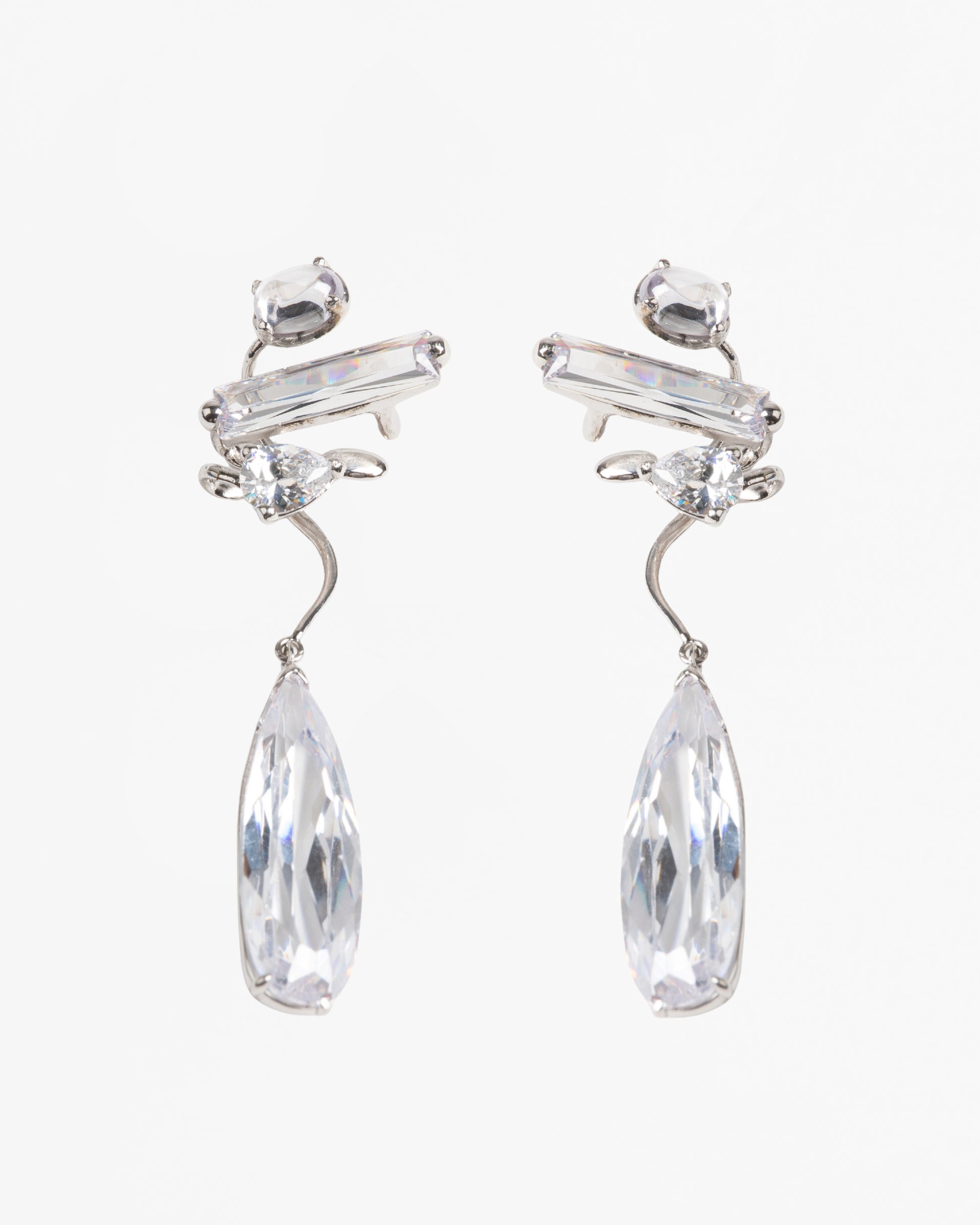 Pair Clear Mixed Hybrid Drop Ear Cuff in Rhodium vermeil with mixed clear crystals