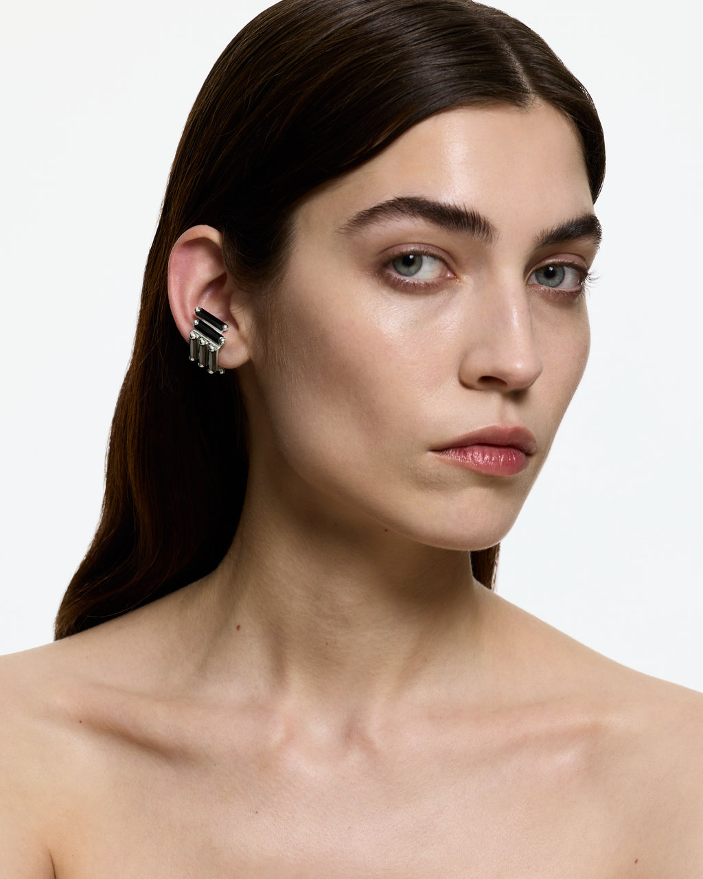 Crystallised Armour Black Ear Cuff — Rhodium Vermeil