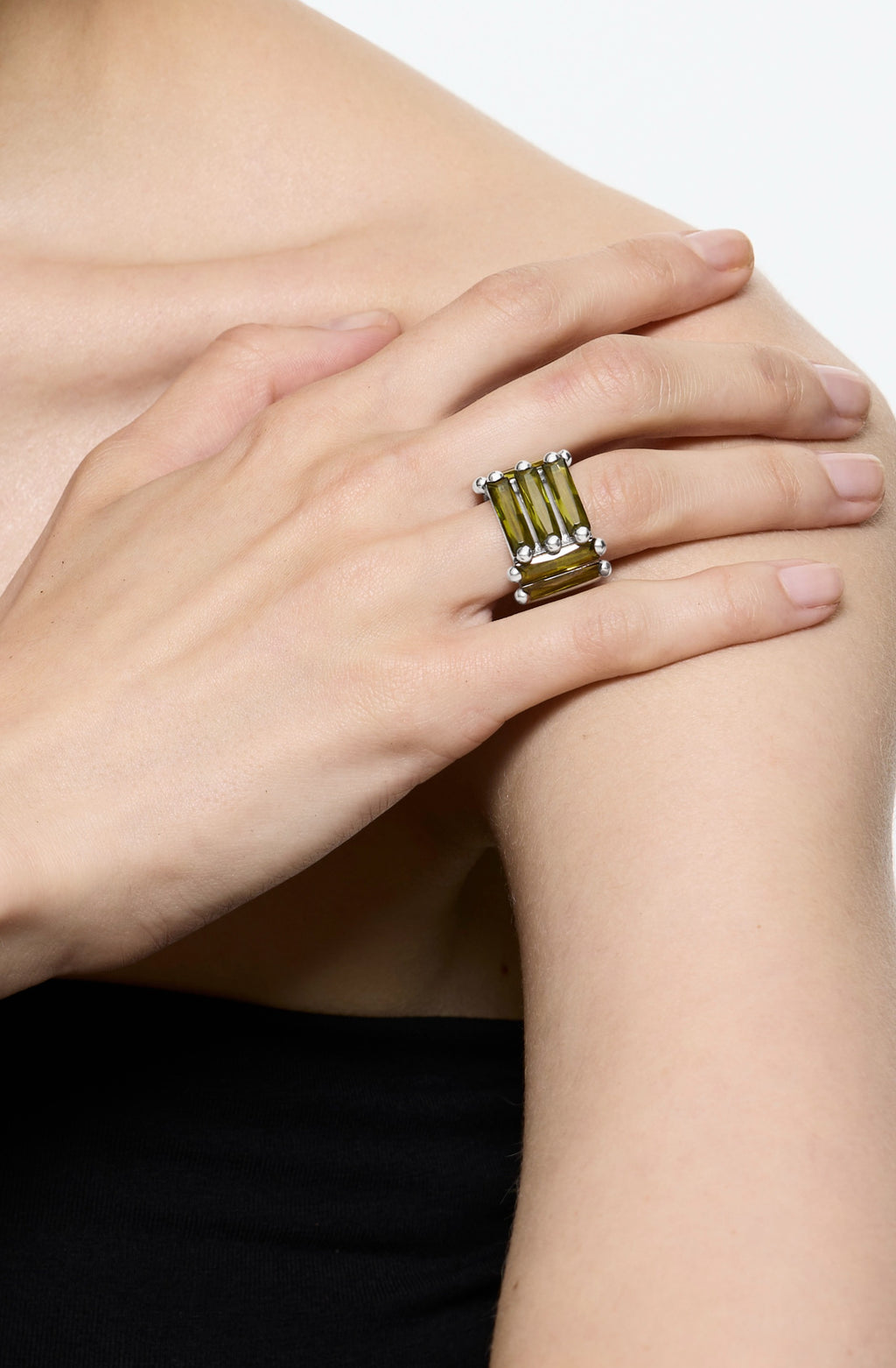 Crystallised Armour Ring - Green - Rhodium Vermeil