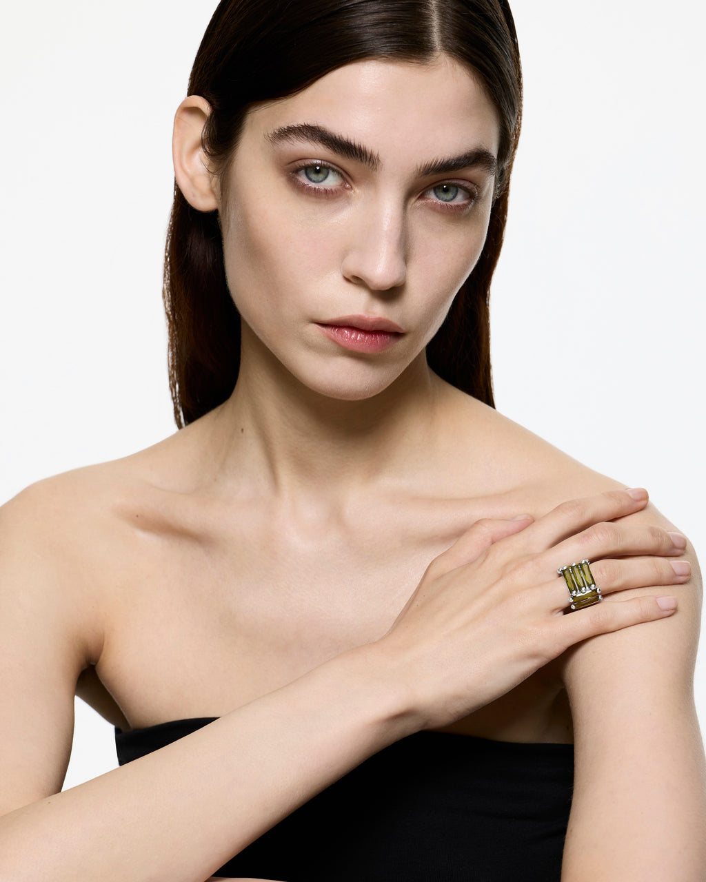 Crystallised Armour Ring - Green - Rhodium Vermeil