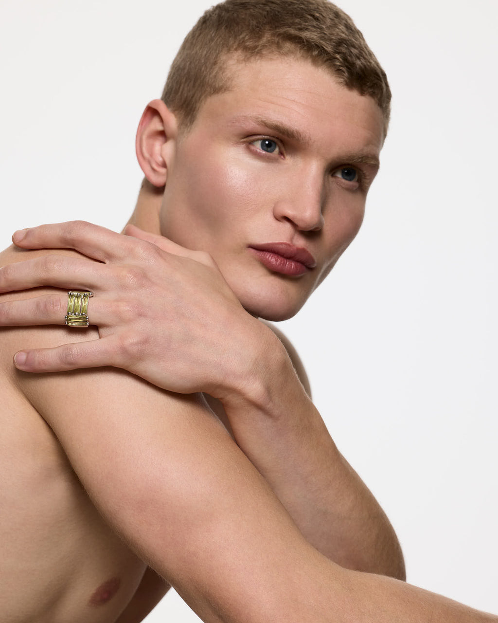 baguette stone statement ring light green sterling silver worn by male model