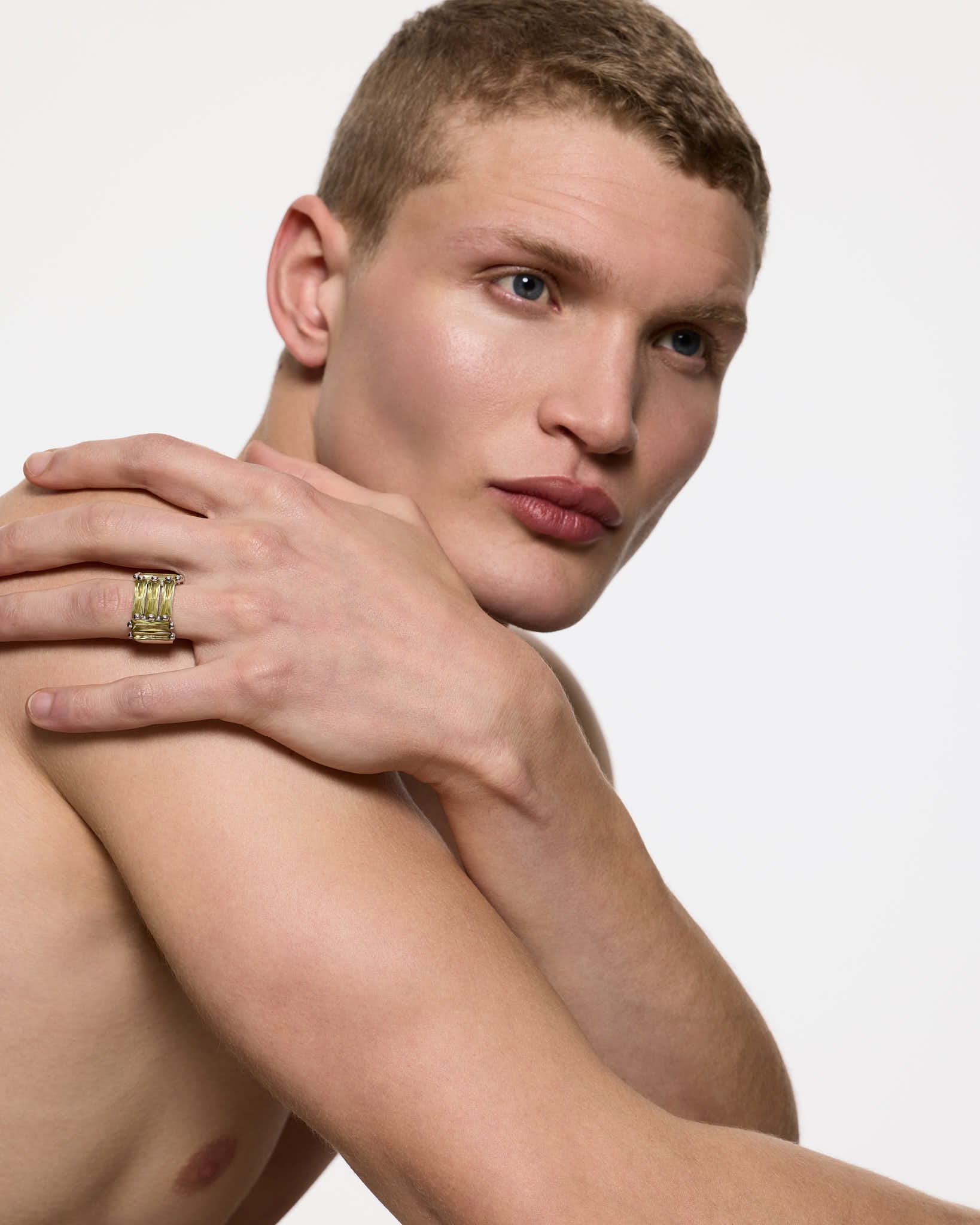 baguette stone statement ring light green sterling silver worn by male model