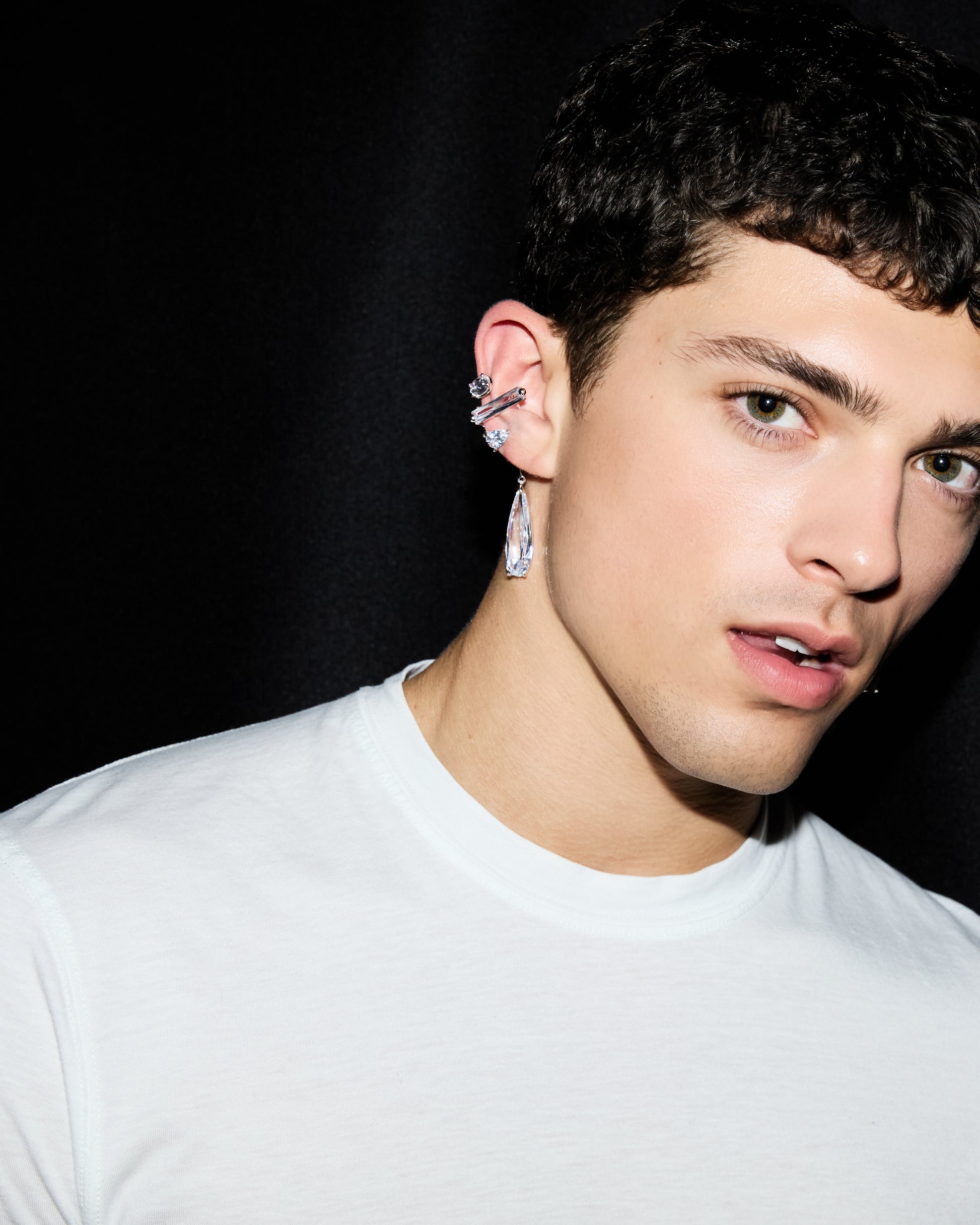 Model wears Clear Mixed Hybrid Drop Ear Cuff - Pair — sterling silver sculptural ear cuff with luminous crystal signature drop aesthetic by Alan Crocetti