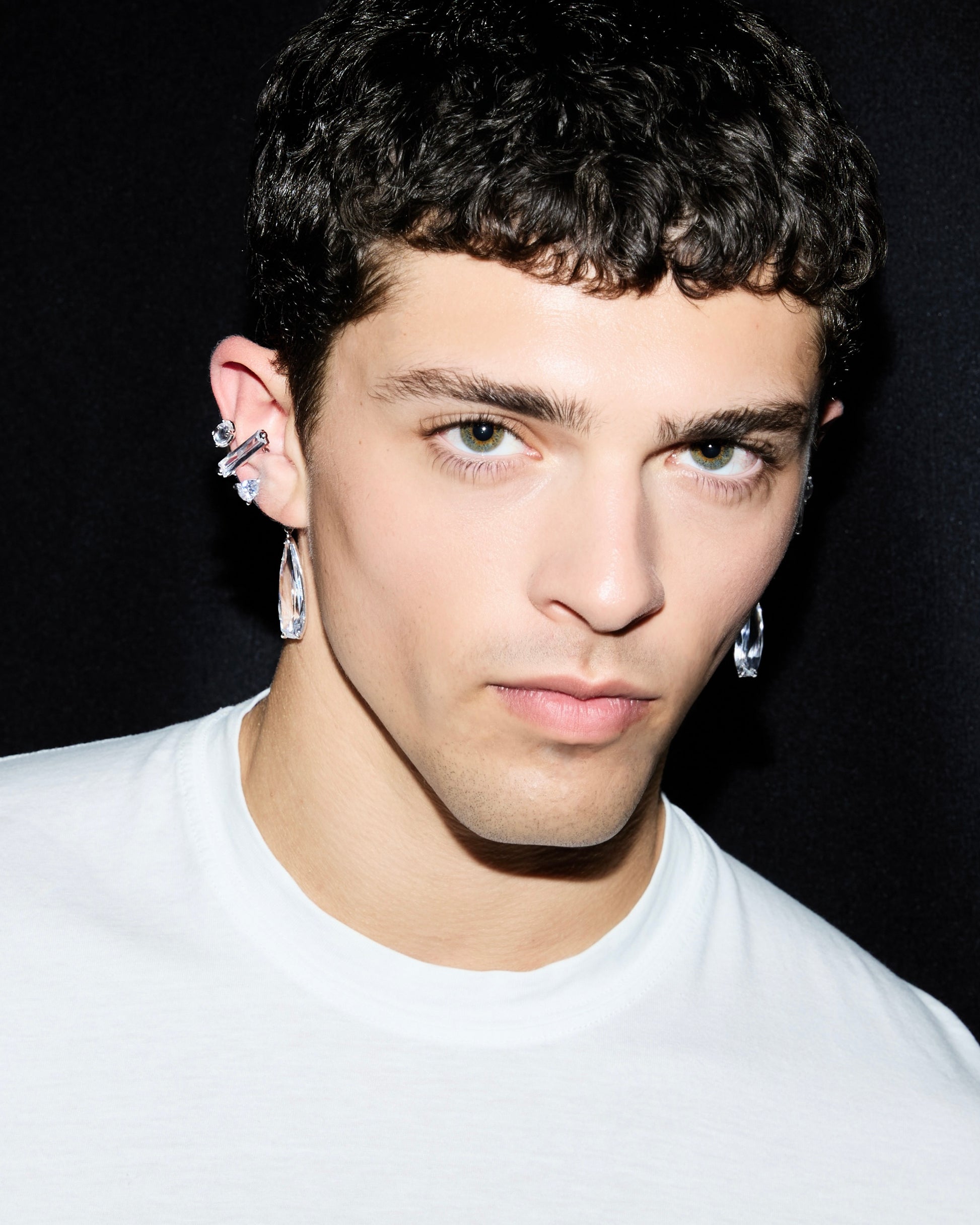 Model wearing Clear Mixed Hybrid Drop Ear Cuff - Pair — sterling silver sculptural ear cuff with luminous crystal signature drop aesthetic by Alan Crocetti