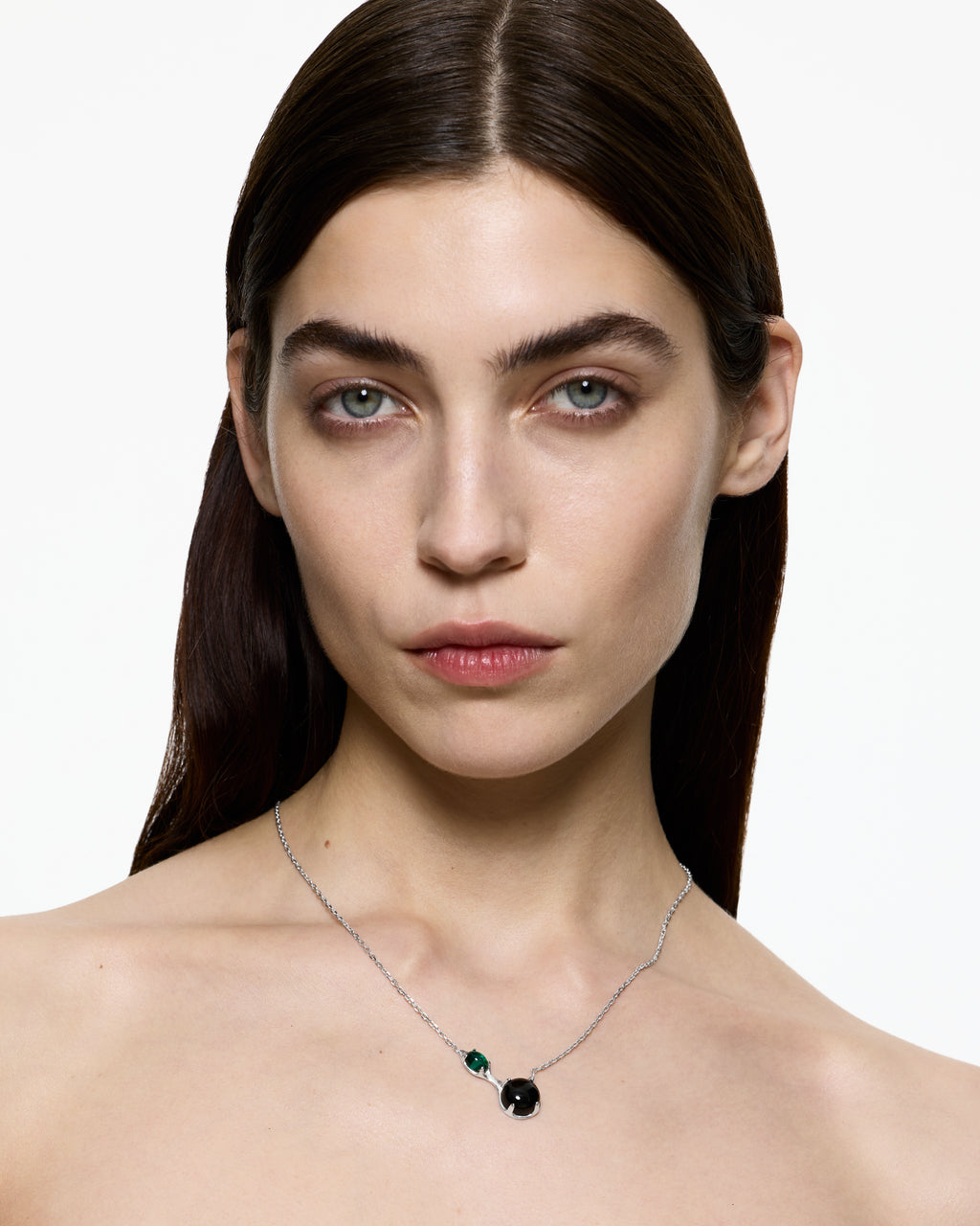 Drip Necklace - Lab Emerald/Black Onyx - Rhodium Vermeil