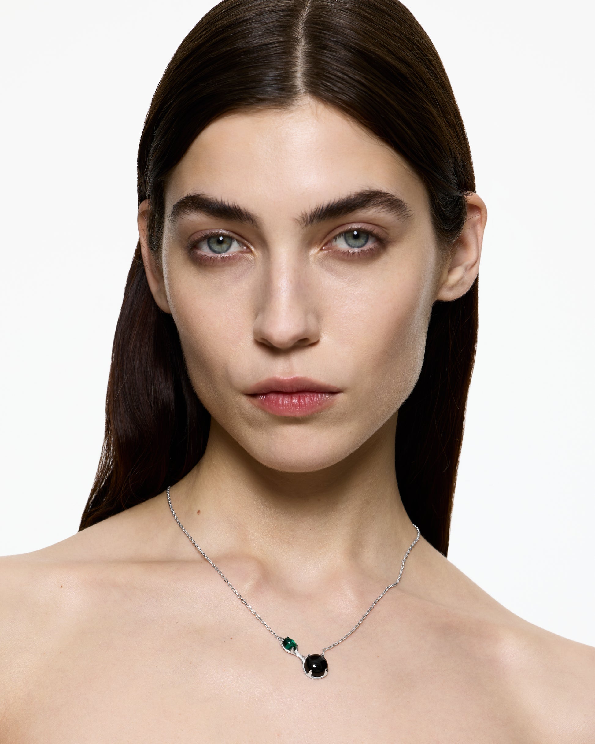 Drip Necklace - Lab Emerald/Black Onyx - Rhodium Vermeil