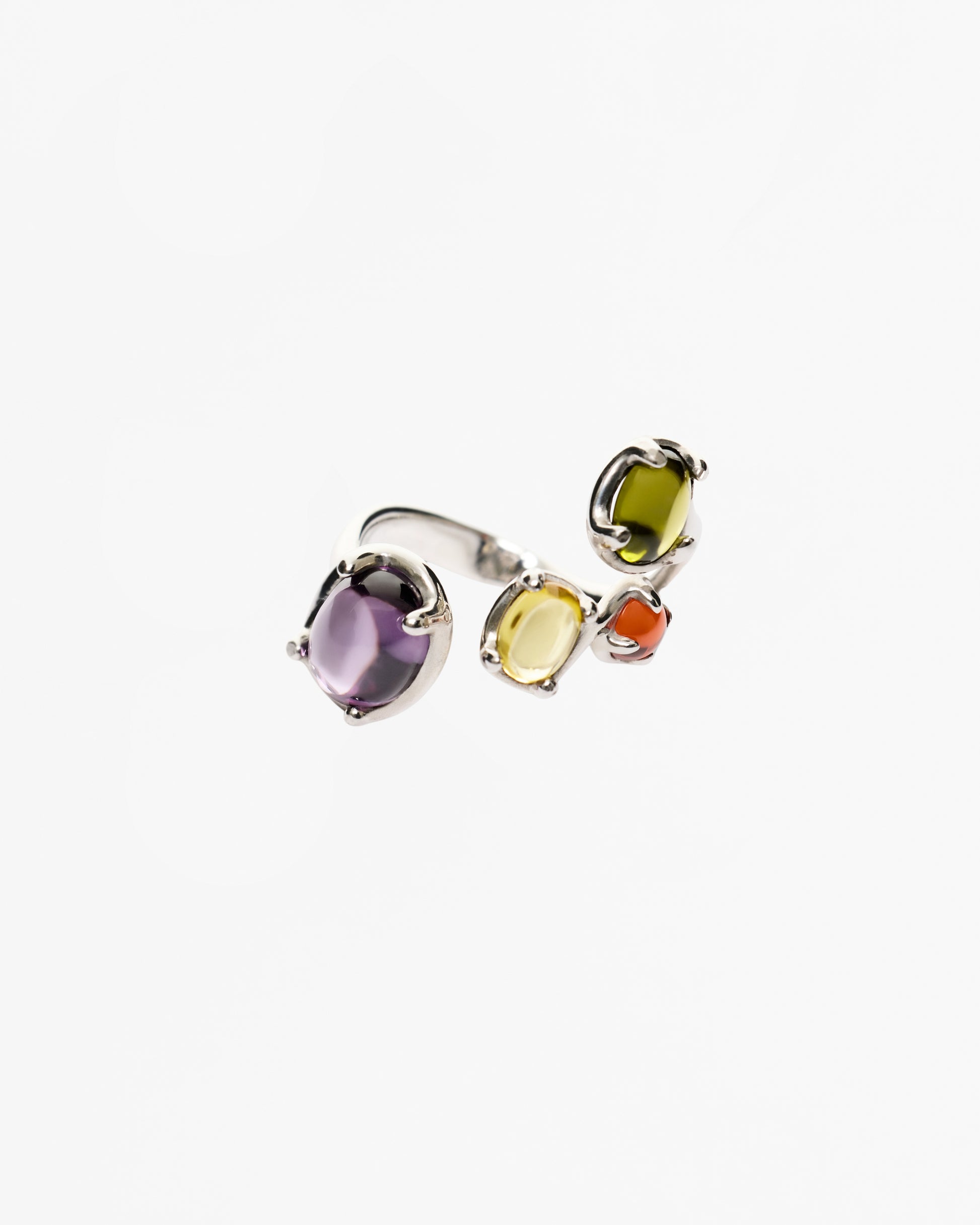 Open band ring with multi coloured tropical inspired zirconia cabochons in Rhodium Vermeil