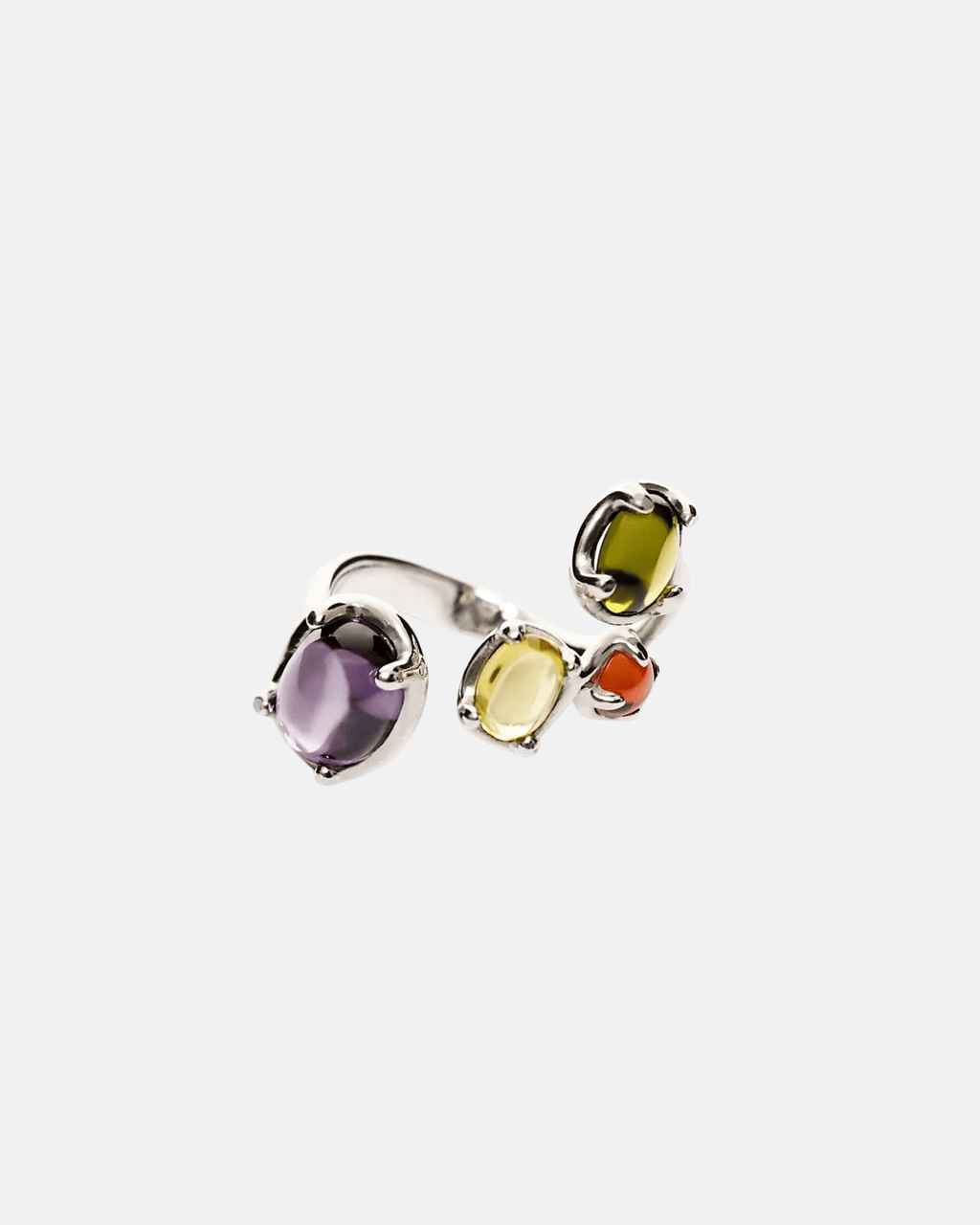 Open band ring with multi coloured tropical inspired zirconia cabochons in Rhodium Vermeil