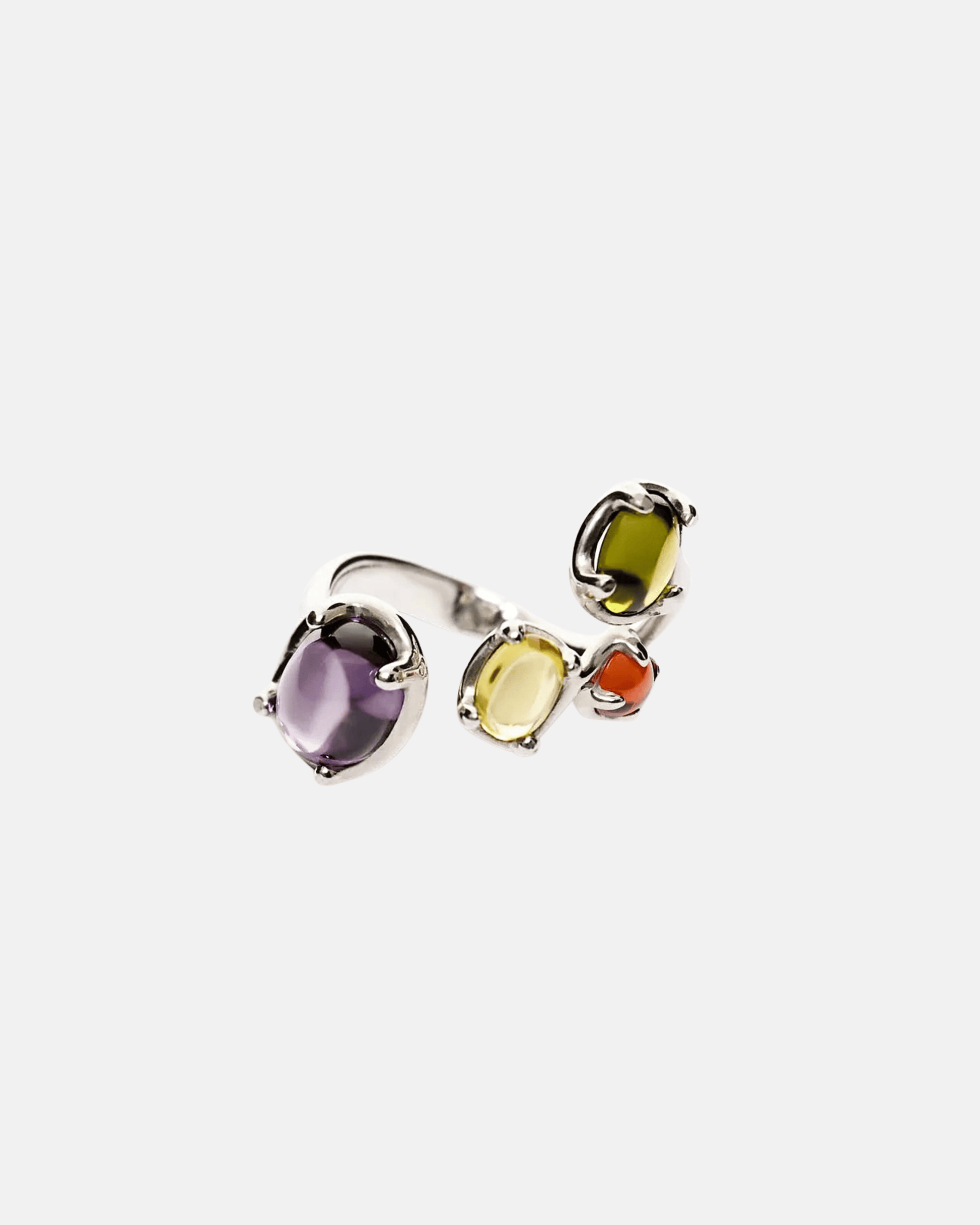 Open band ring with multi coloured tropical inspired zirconia cabochons in Rhodium Vermeil