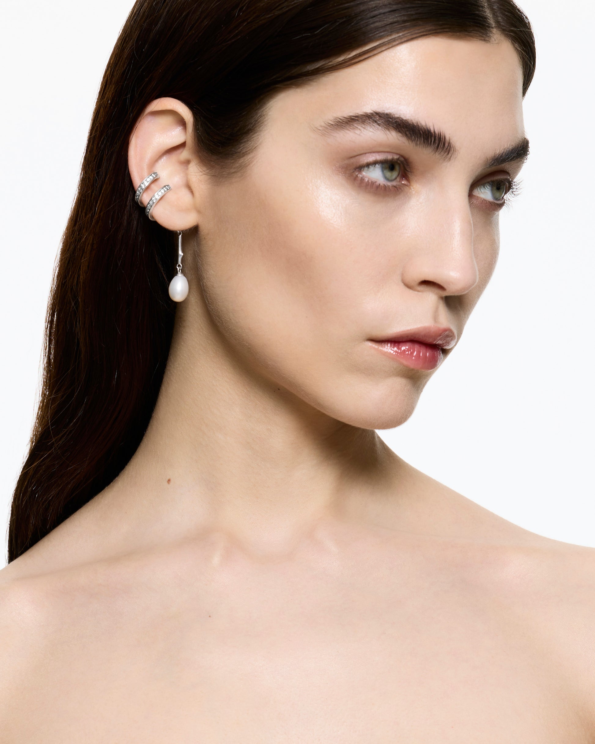 Encrusted Spiral Pearl Drop Ear Cuff - Rhodium Vermeil (Single)