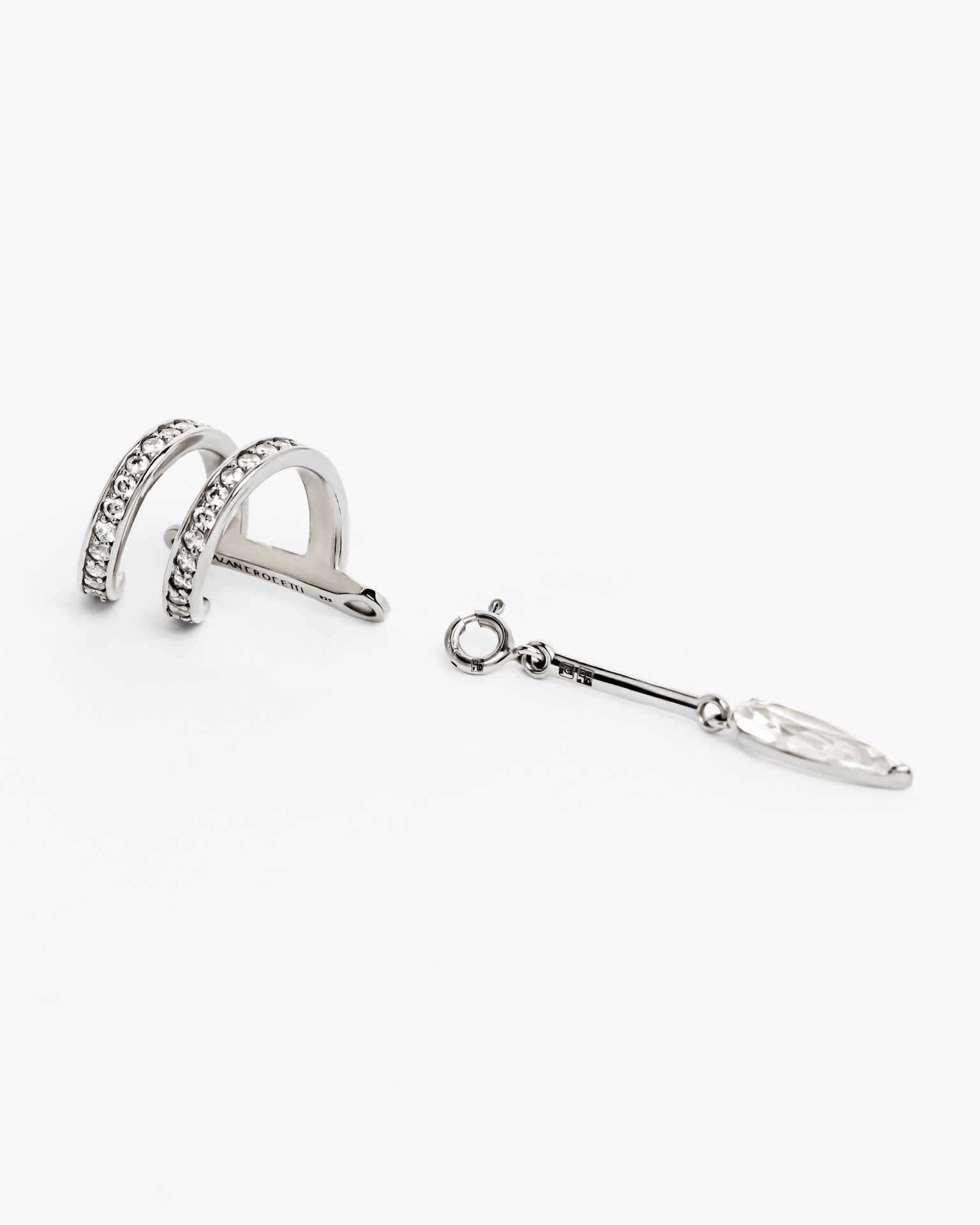 Alan Crocetti Clear Encrusted Spiral Drop Ear Cuff in rhodium vermeil with pavé cubic zirconia detailing and detachable marquise-cut crystal drop