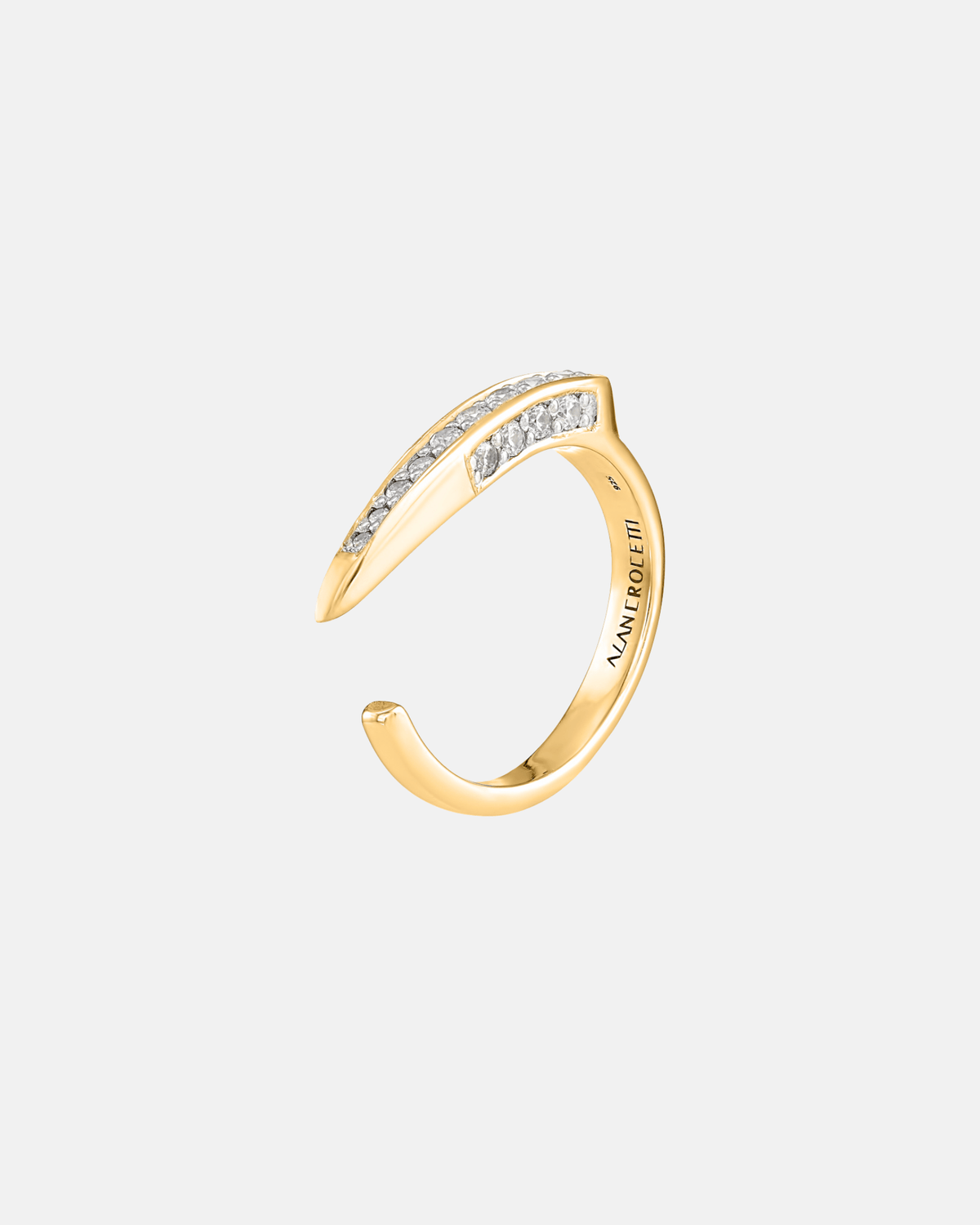 Alan Crocetti Encrusted Viper Ring in Gold Vermeil with clear zirconia stones worn on the finger.
