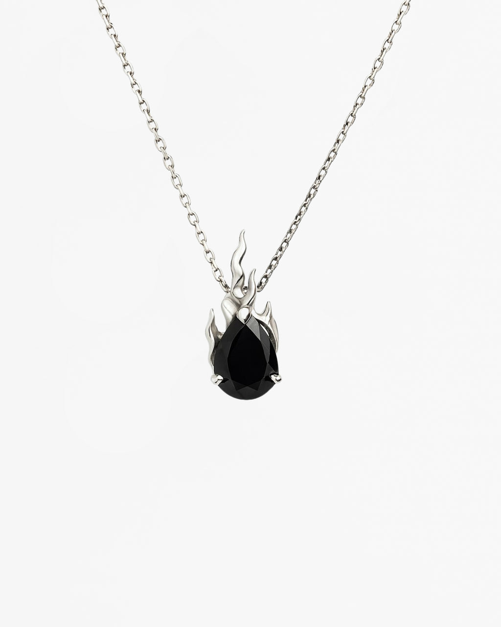 Black onyx flame pendant necklace in rhodium vermeil plated sterling silver with adjustable chain