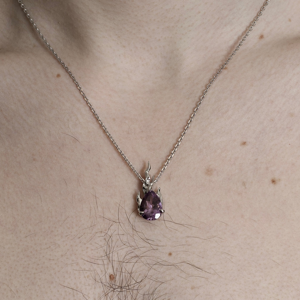 Purple Amethyst necklace model close up claw setting detail 