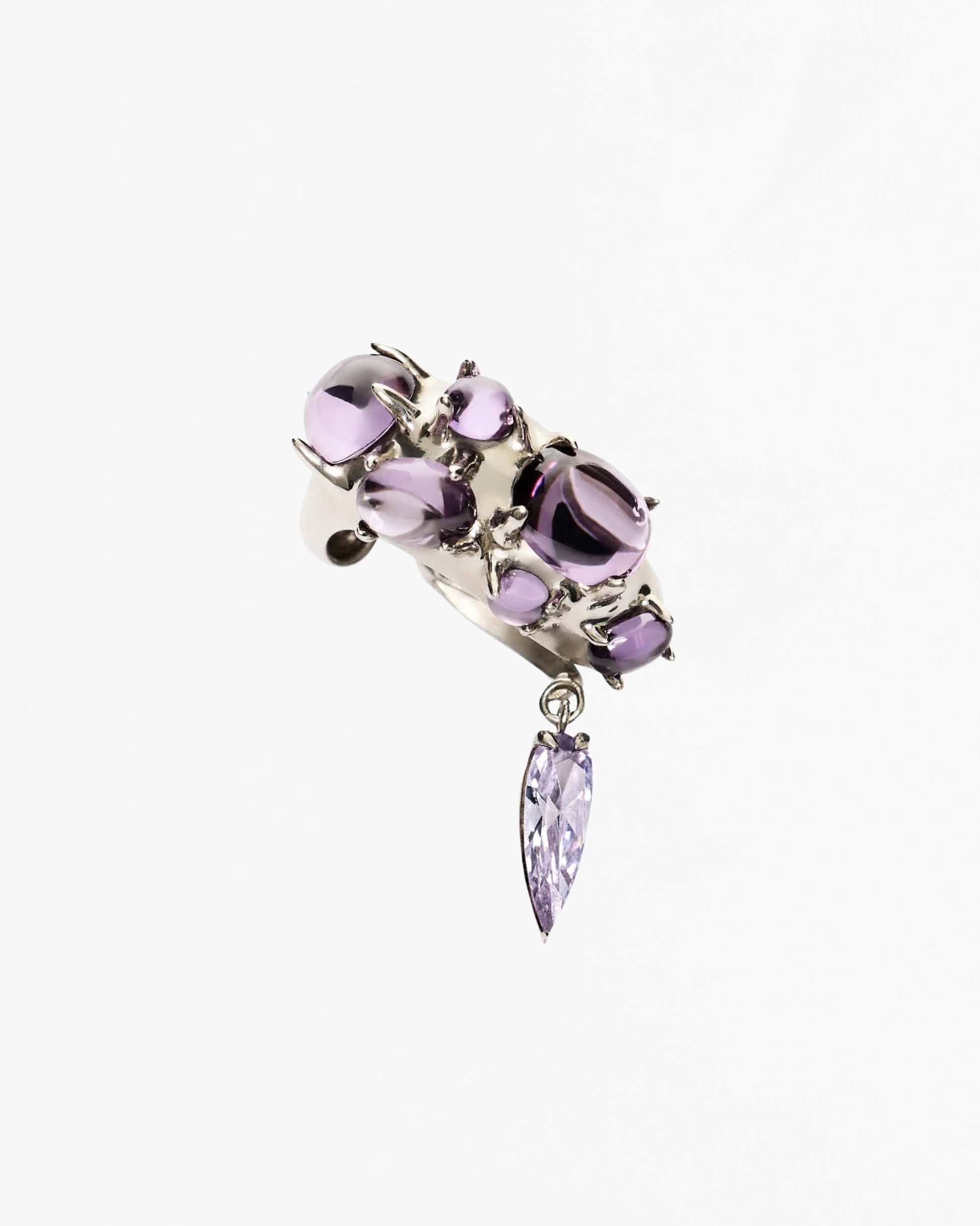 Alan Crocetti Rhodium Earcuff with Purple CZ Cabochons and purple CZ drop 