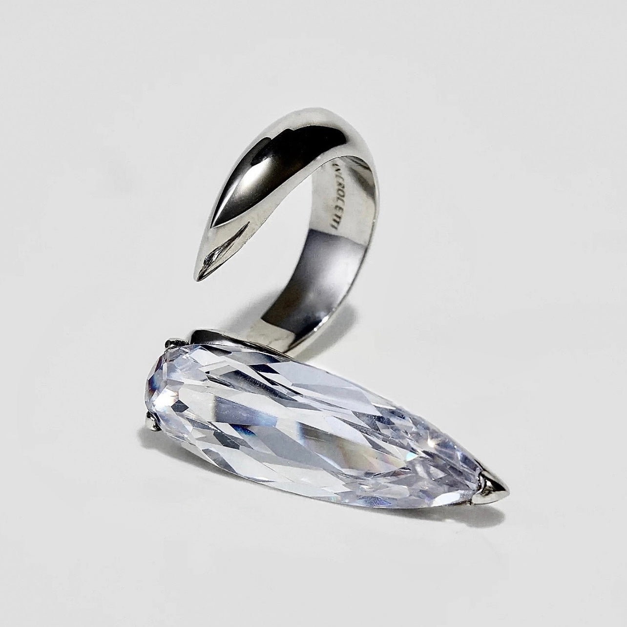 Clear Crystal Sharp Alien Ring Rhodium Vermeil