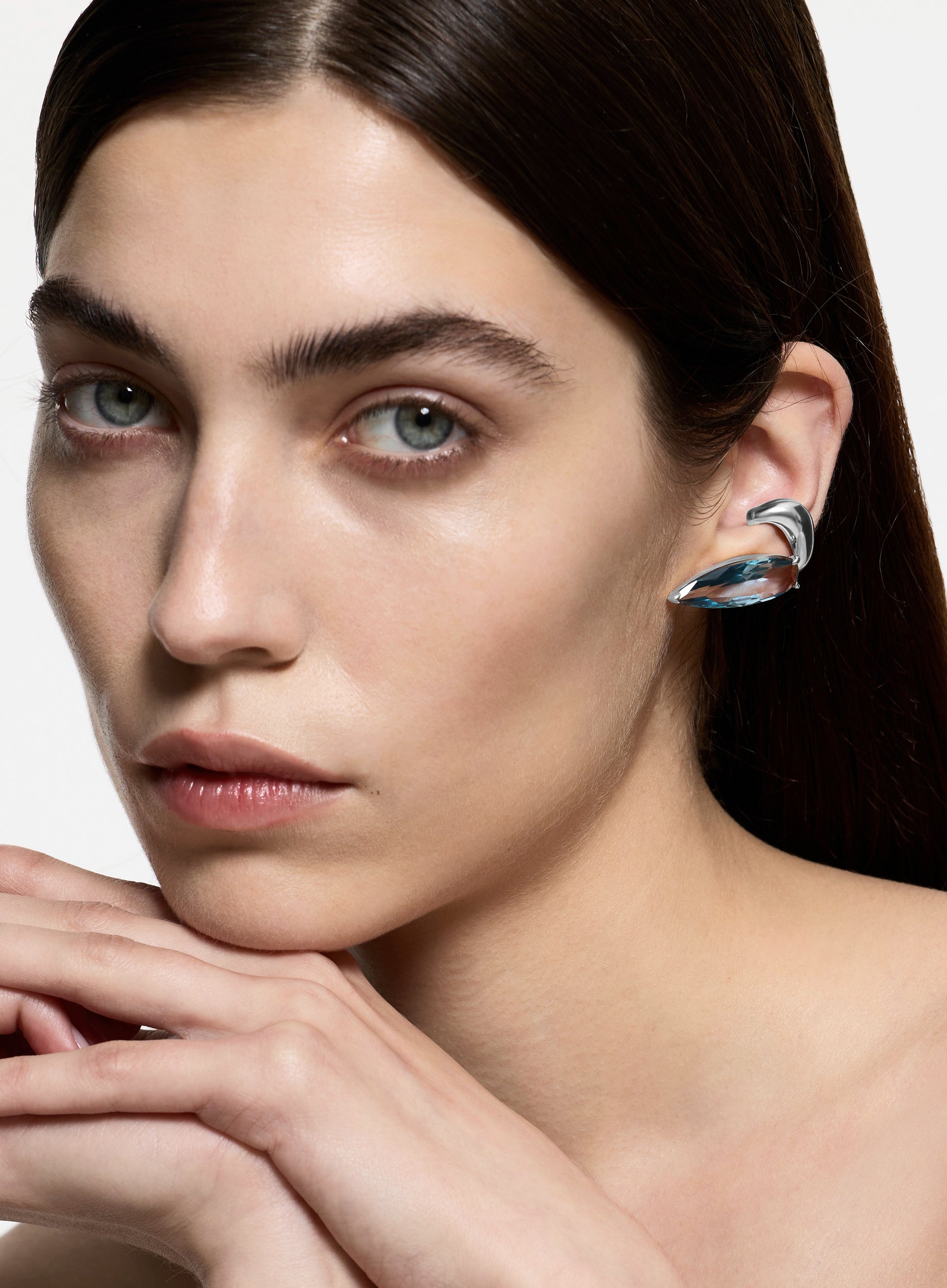 Synthetic Aquamarine Sharp Alien Ear Cuff - Single - Rhodium Vermeil