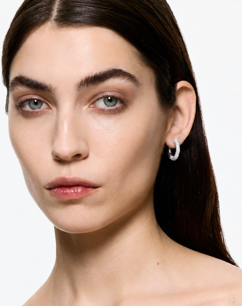 Mini Loophole Encrusted Earring — rhodium vermeil sterling silver architectural hoop with clear pavé by Alan Crocetti worn on female model