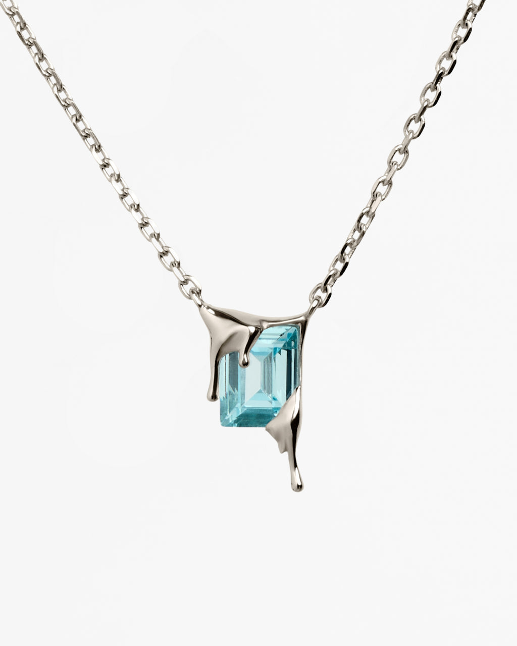 Silver cable chain with sky blue emerald cut zirconia pendant