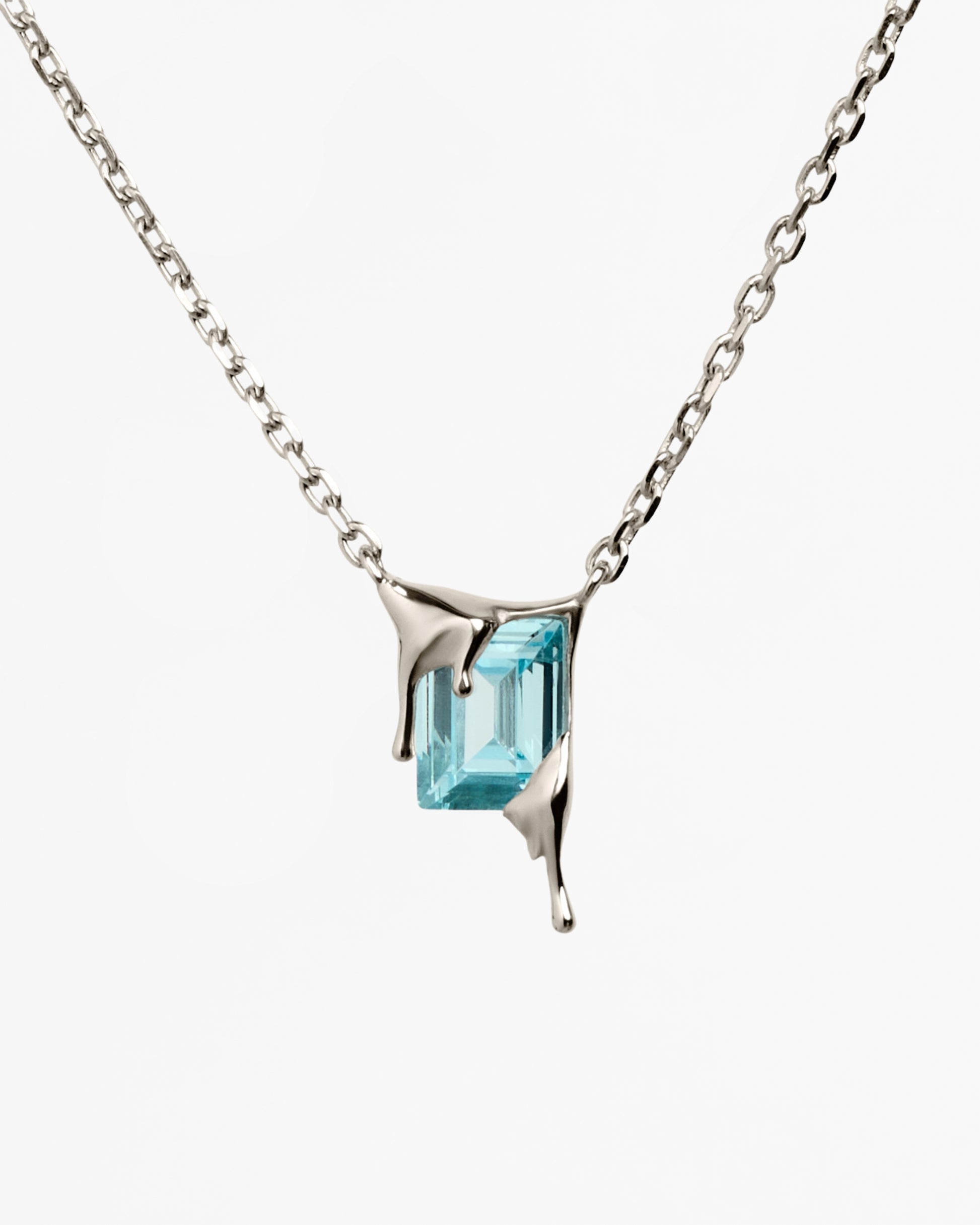 Silver cable chain with sky blue emerald cut zirconia pendant