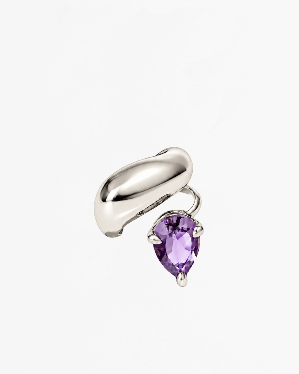 Alan Crocetti Mini Blown Alien Ear Cuff handcrafted in sterling silver with Rhodium Vermeil and pear-cut Purple Amethyst, angled view.