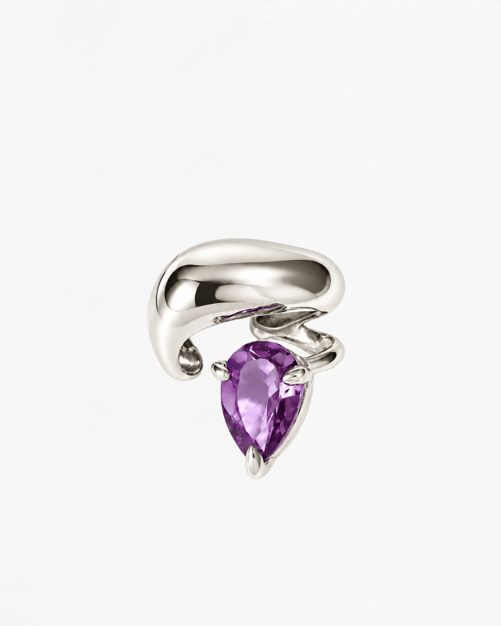 Alan Crocetti Mini Blown Alien Ear Cuff in Rhodium Vermeil with pear-cut Purple Amethyst, front view.