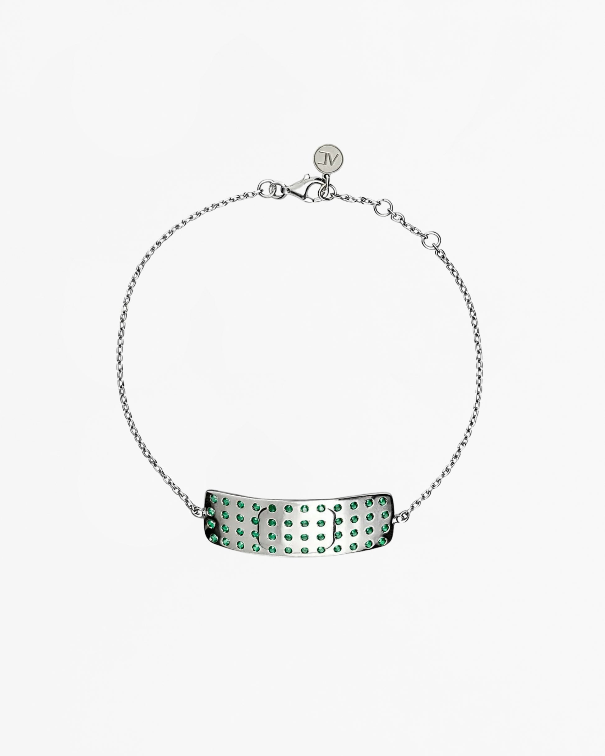 Synthetic emerald stone encrusted mini plaster bracelet rhodium vermeil