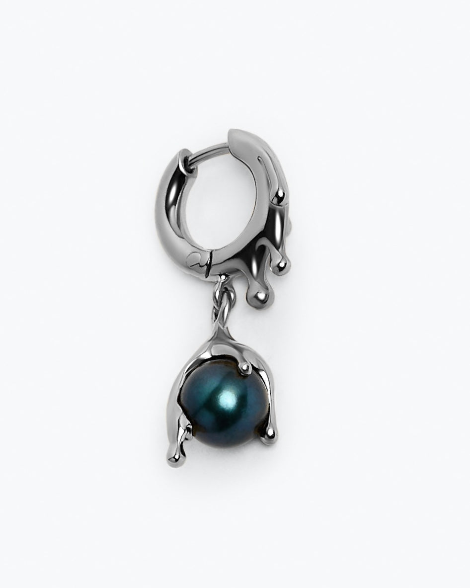 RHODIUM melt earring with black (peacock) pearl pendant
