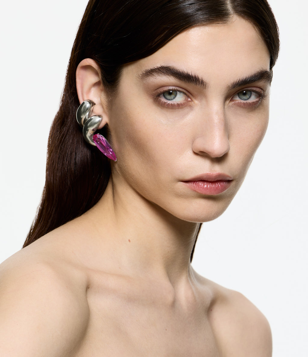 Pink Crystal Blown Sharp Ear Set - Rhodium Vermeil
