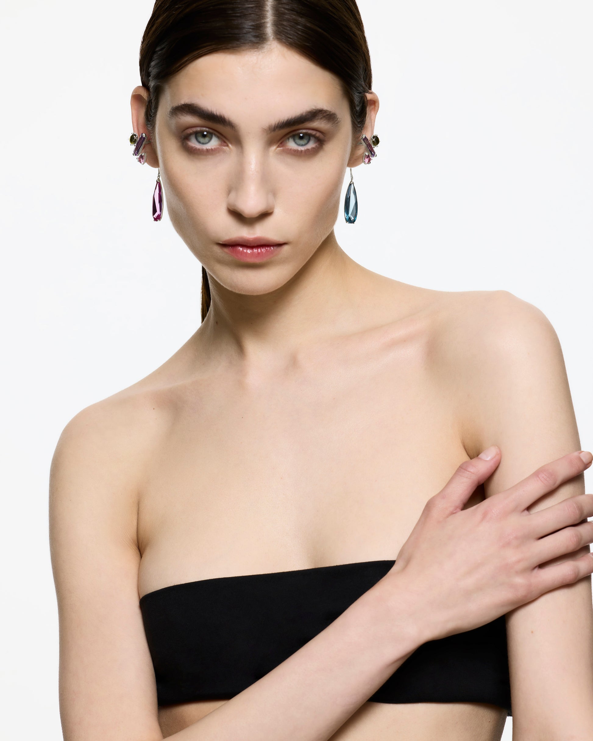 Rainbow Mixed Hybrid Drop Ear Cuff - Pair - Rhodium Vermeil