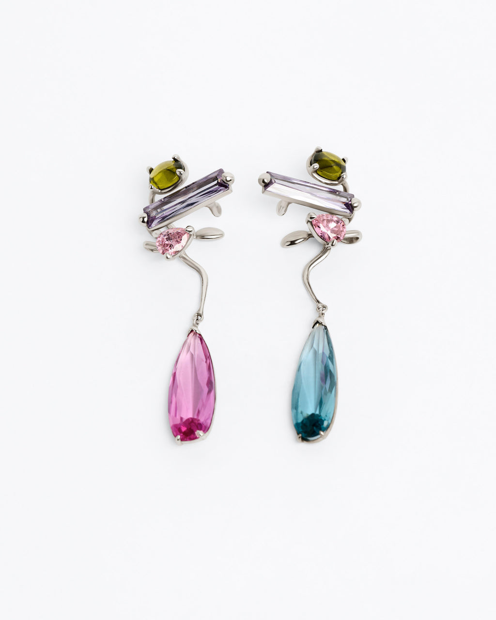 Rainbow Mixed Hybrid Drop Ear Cuff - Pair - Rhodium Vermeil