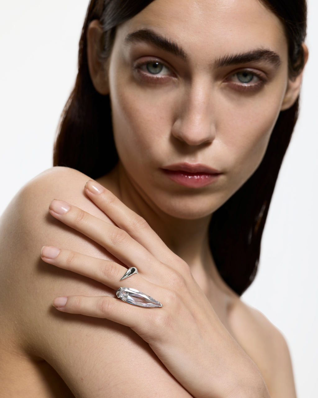 Clear Crystal Sharp Alien Ring Rhodium Vermeil
