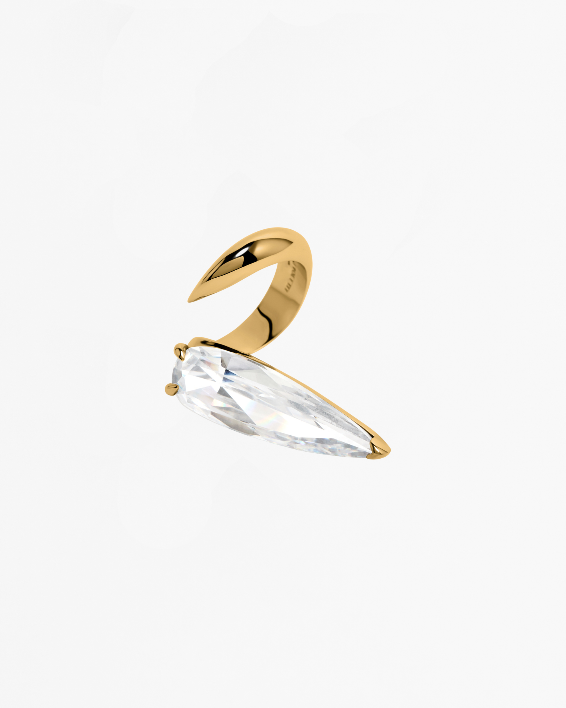 Sharp Alien Ring featuring a custom-cut clear cubic zirconia in Gold Vermeil, handcrafted from 925 sterling silver with a sculptural open-arc design by Alan Crocetti.
