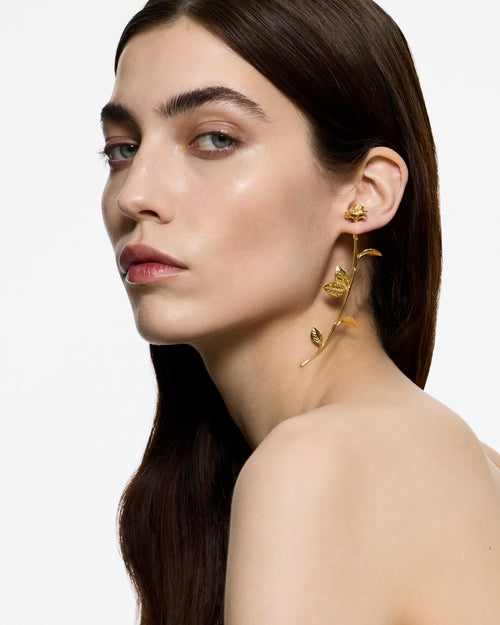 Model wearing Alan Crocetti Wild Rose Earring gold vermeil