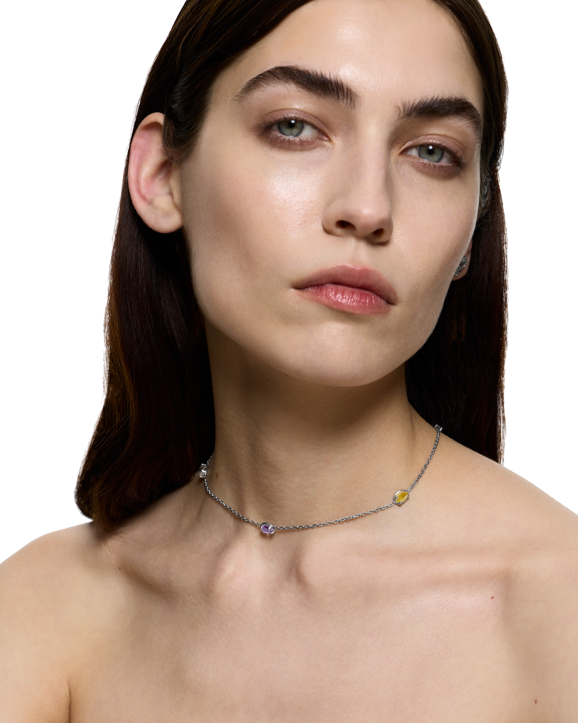 Sweat Tropical Necklace worn at neckline in gold vermeil with multicolour cabochon crystals.