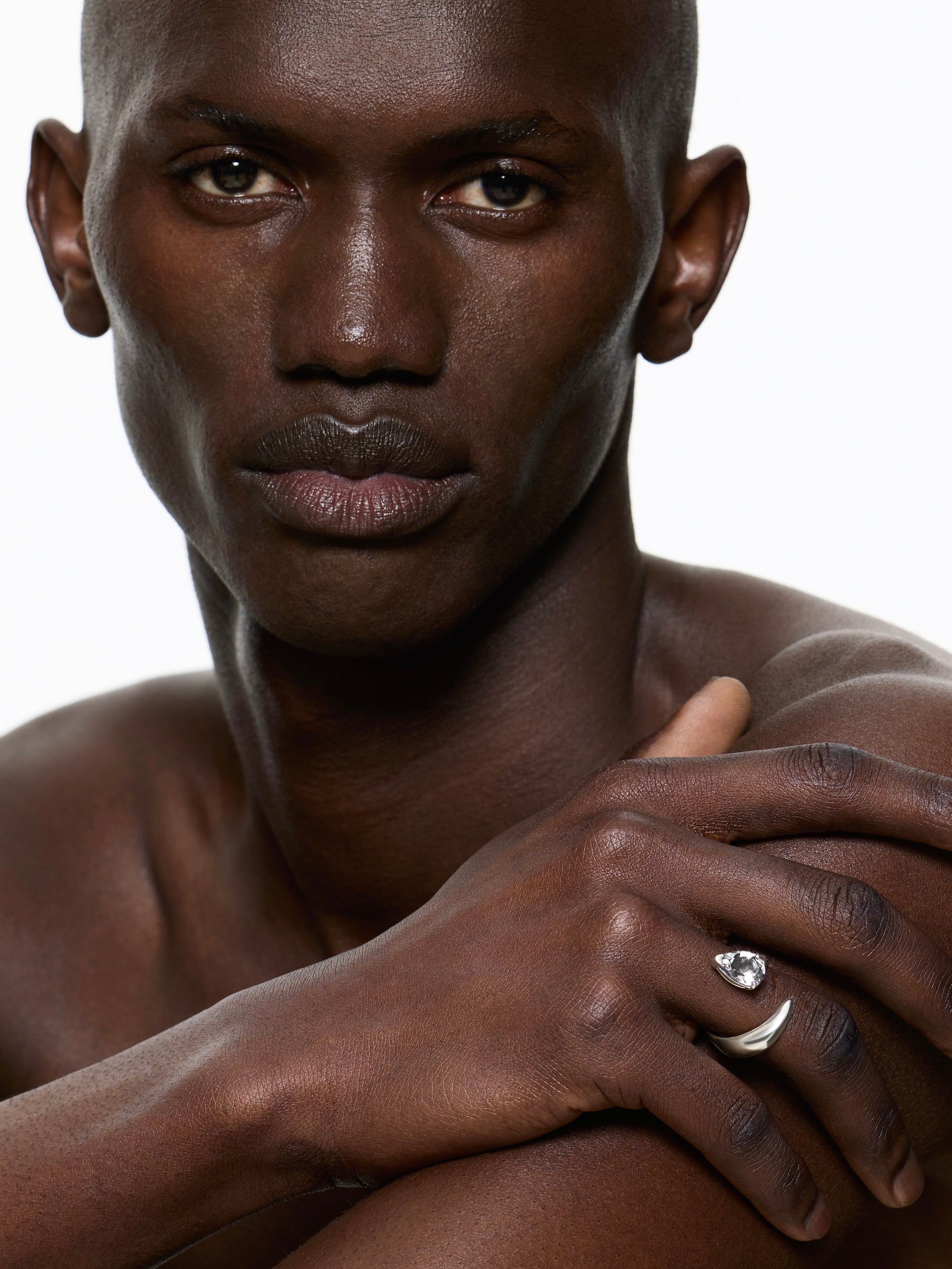 Model wearing alien ring white topaz sterling silver rhodium vermeil ring