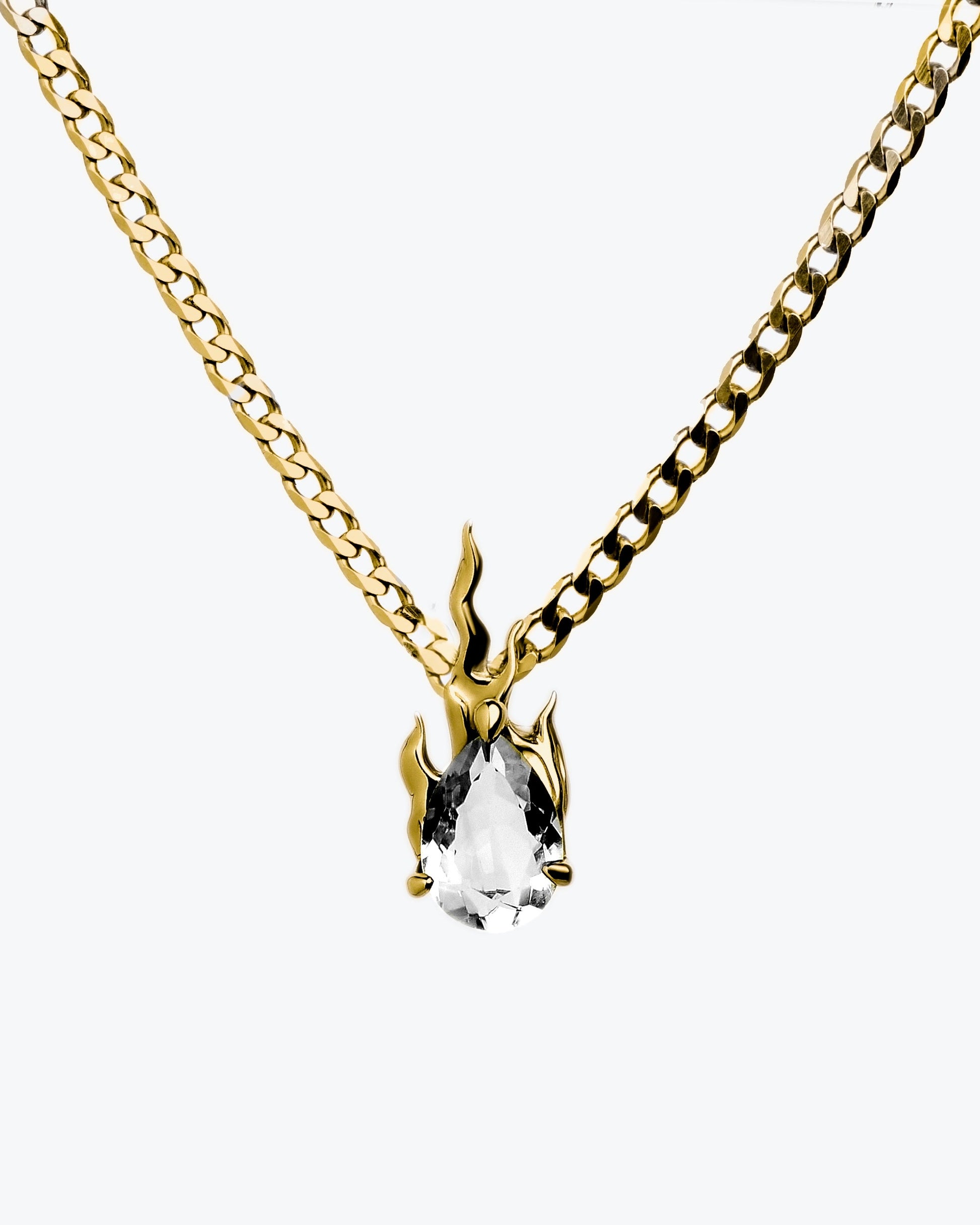 Gem in Heat curb white topaz flame pendant necklace gold vermeil sterling silver curb chain